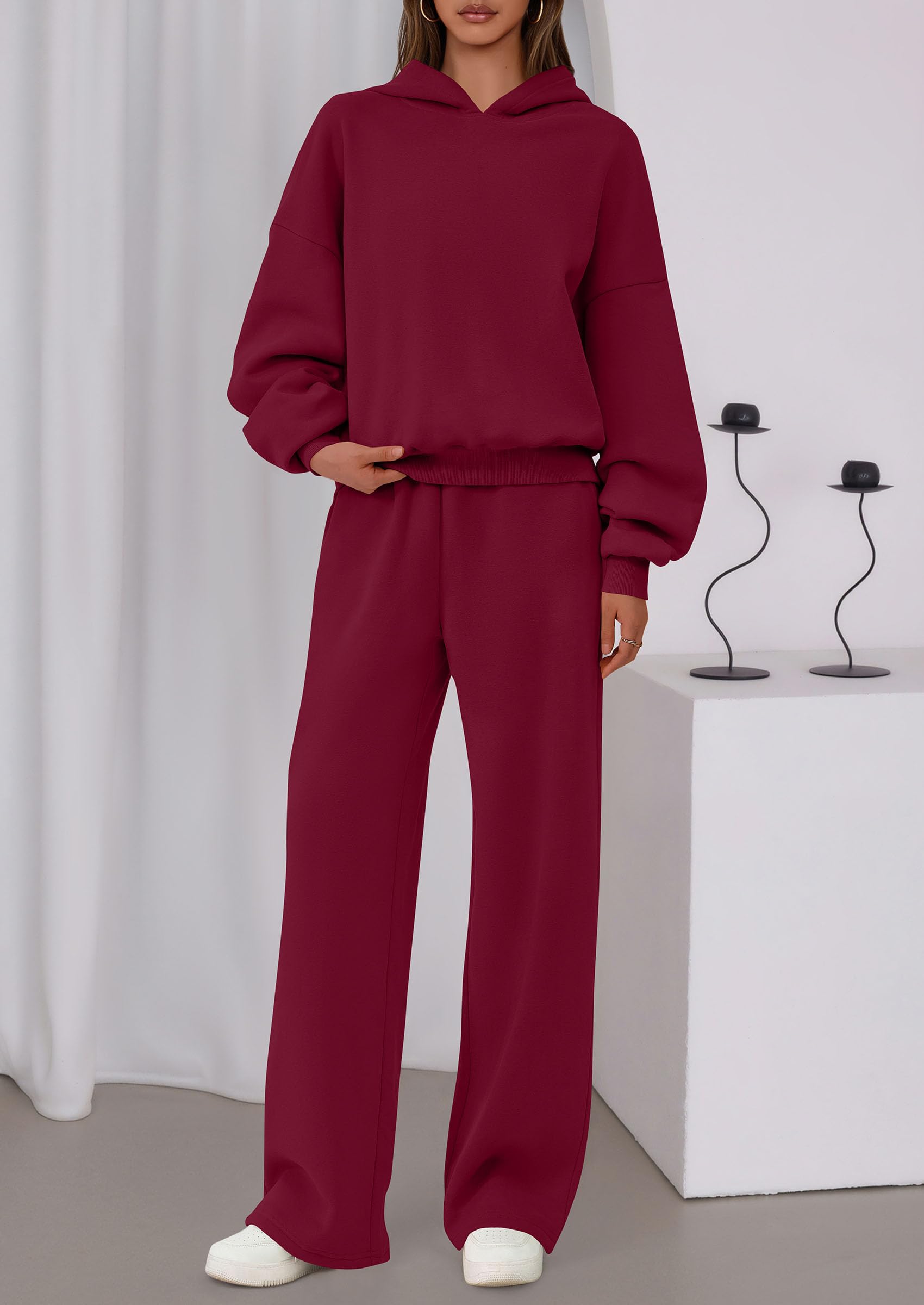 Chichi Womens Sweatsuits 2 Piece Set Casual Winter Long Sleeve Hoodie Loose Wide Leg Sweatpants Fall Tracksuit Wine Red