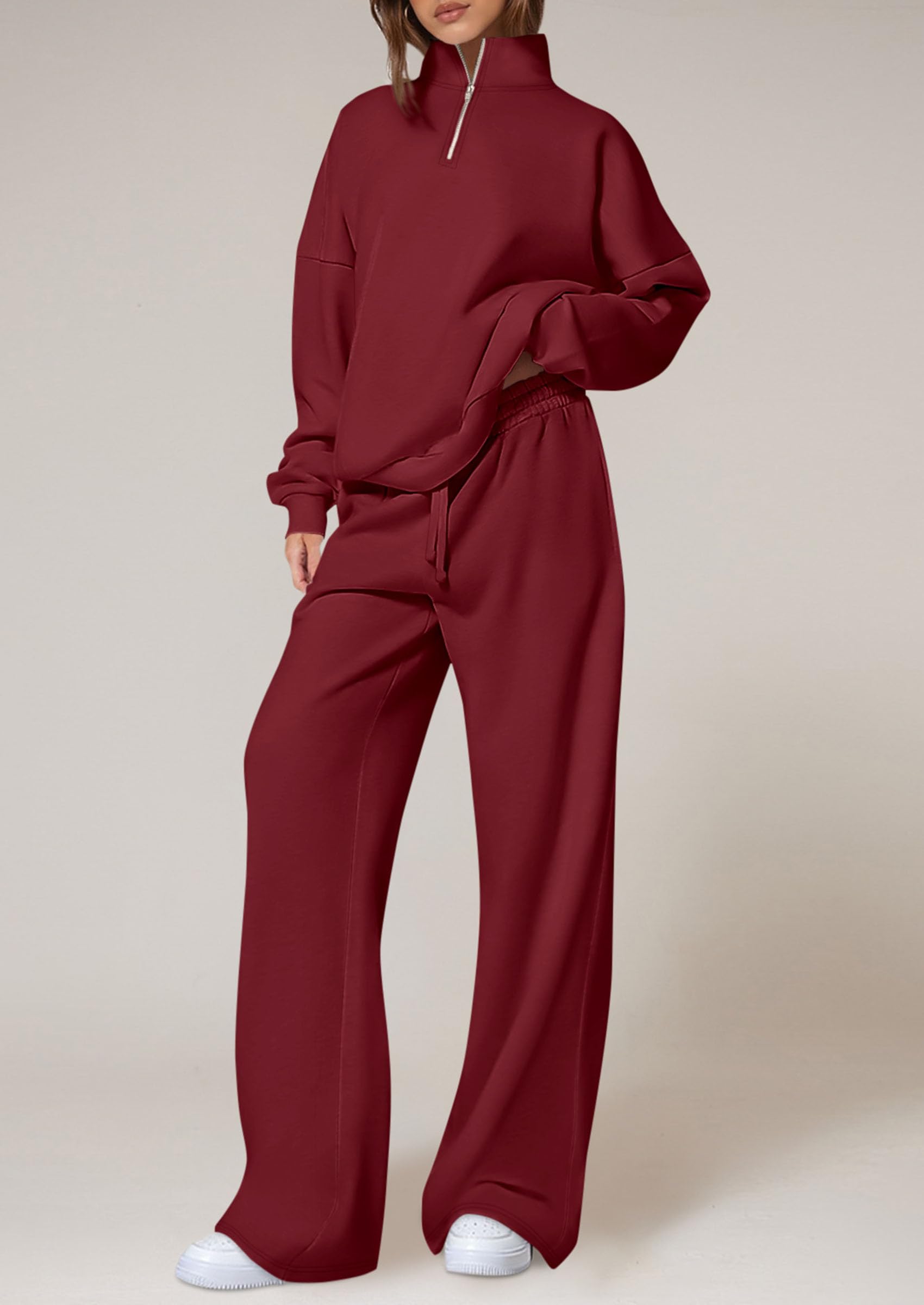Chichi Womens Casual Two Piece Sets Fall Outfits Quarter Zip Sweatshirts Straight Leg Pants Sweatsuits Tracksuit Wine Red