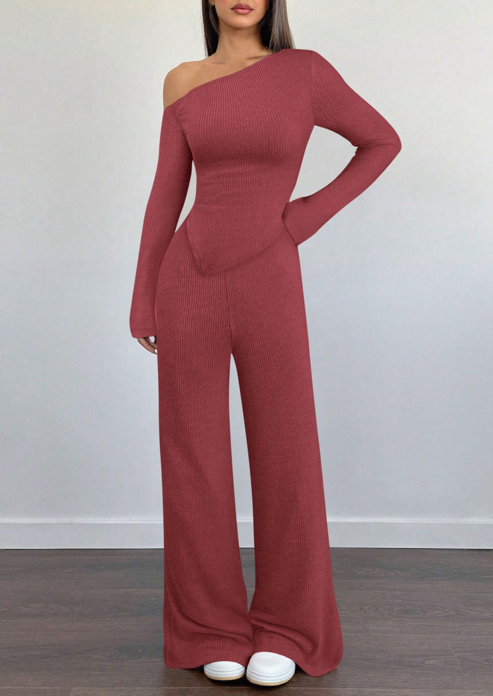 Chichi Casual Two Piece Sets for Women Fall Outfits Asymmetrical Off Shoulder Tops Wide Leg Pants Knit Lounge Set Wine Red