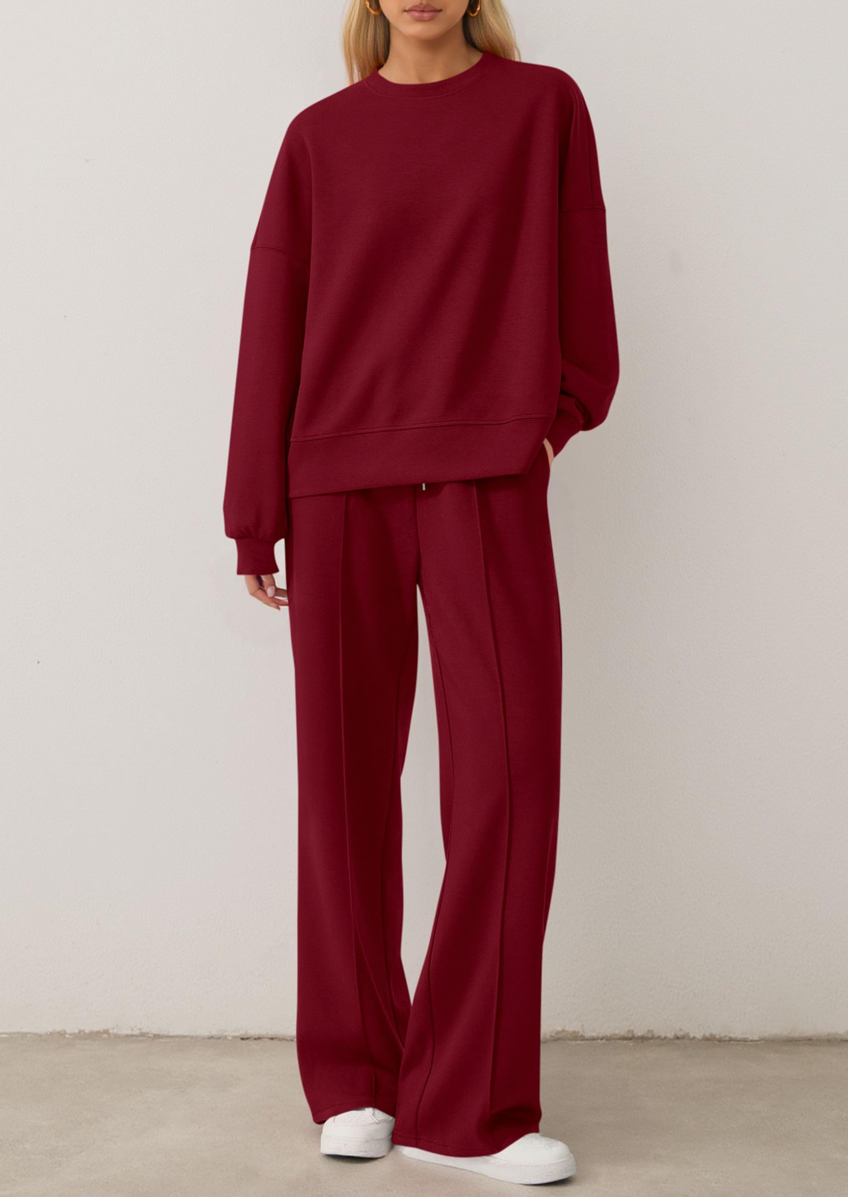 Chichi 2 Piece Sets For Women Fall Trendy Long Sleeve Sweatshirt Wide Leg Pants Loungewear Set Matching Sweatsuit Wine Red