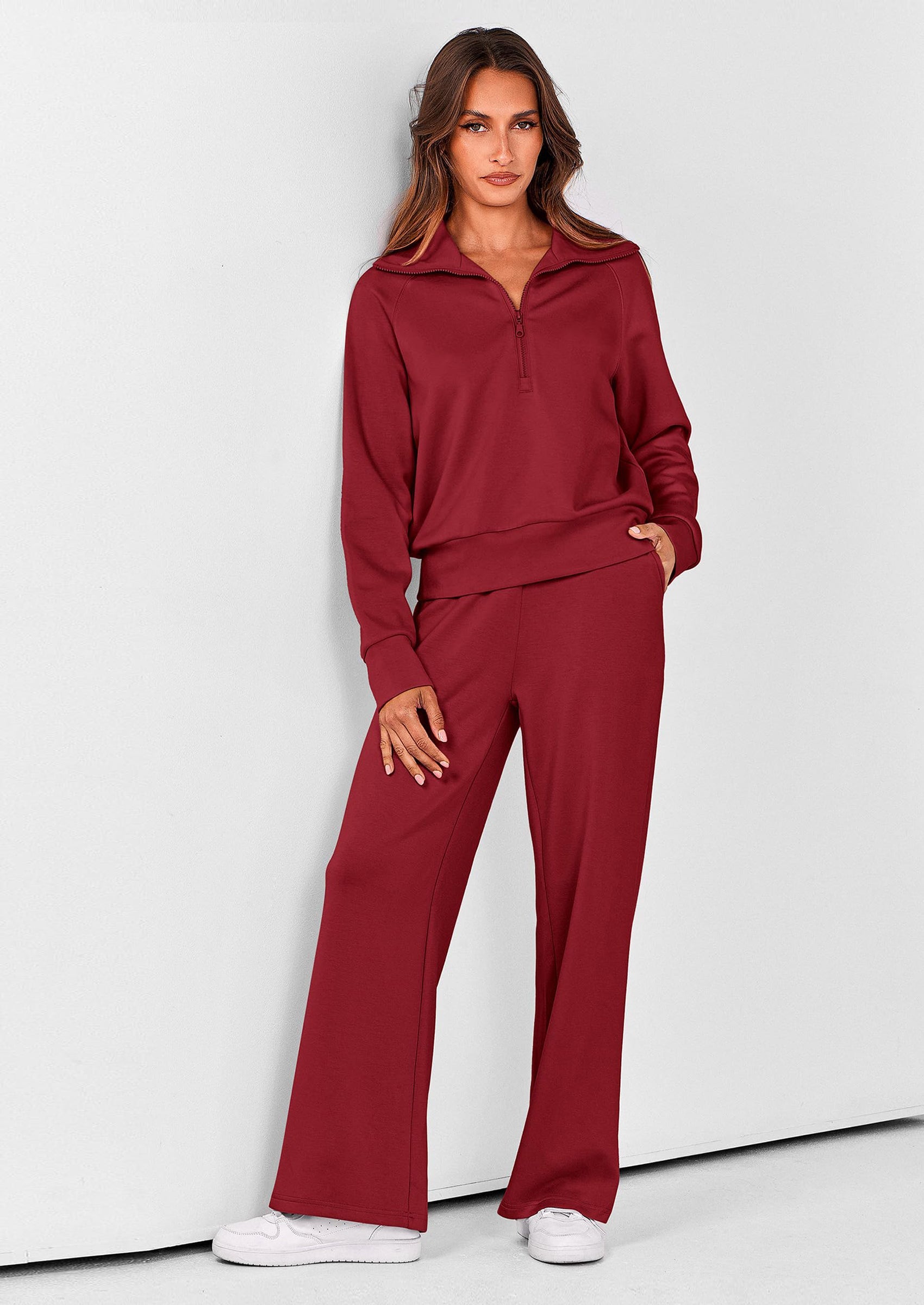 Chichi Women's 2 Piece Outfits Casual Lapel Half Zip Sweatshirts And Wide Leg Pants Tracksuit Sets Wine Red