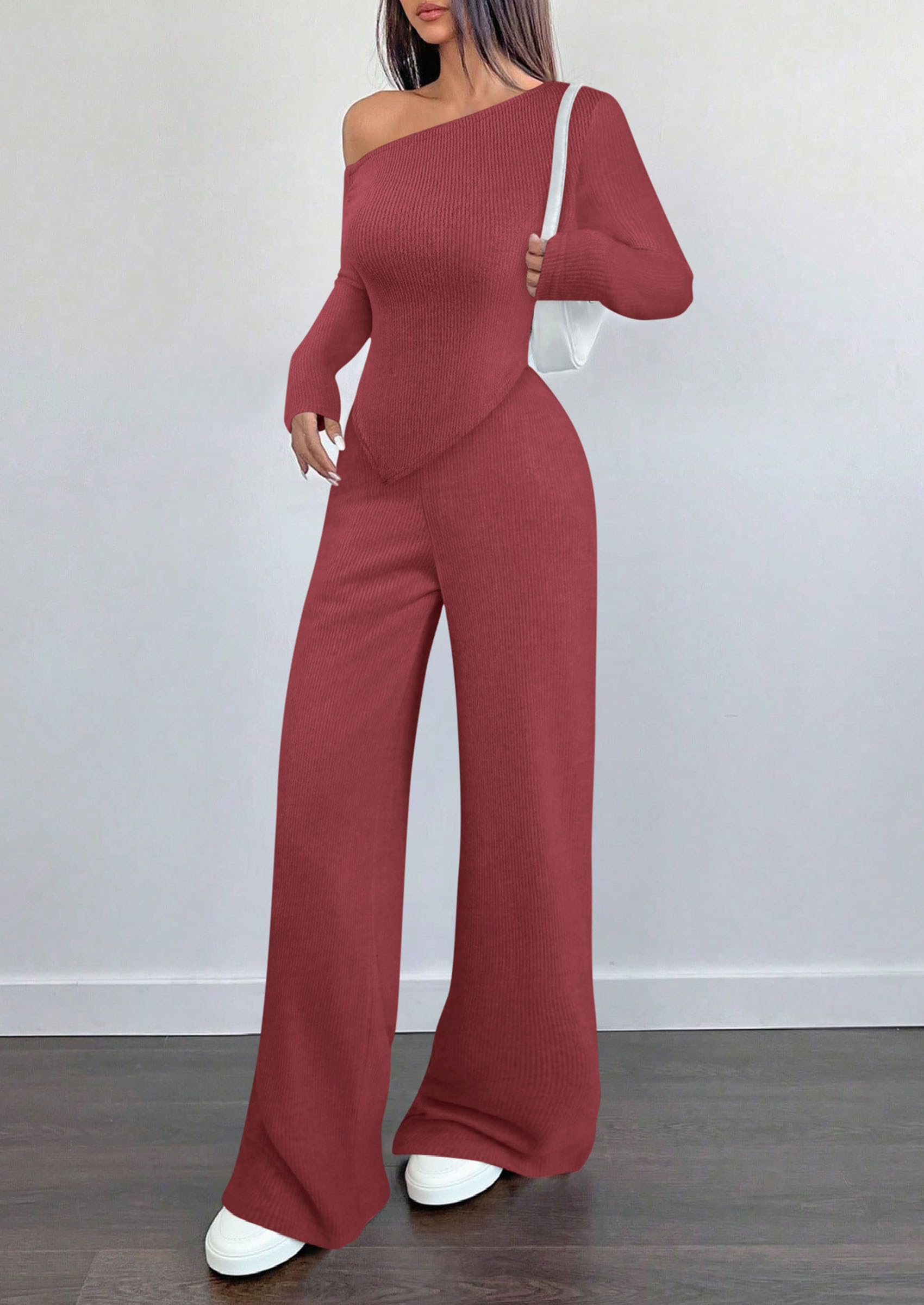 Chichi Casual Two Piece Sets for Women Fall Outfits Asymmetrical Off Shoulder Tops Wide Leg Pants Knit Lounge Set Wine Red