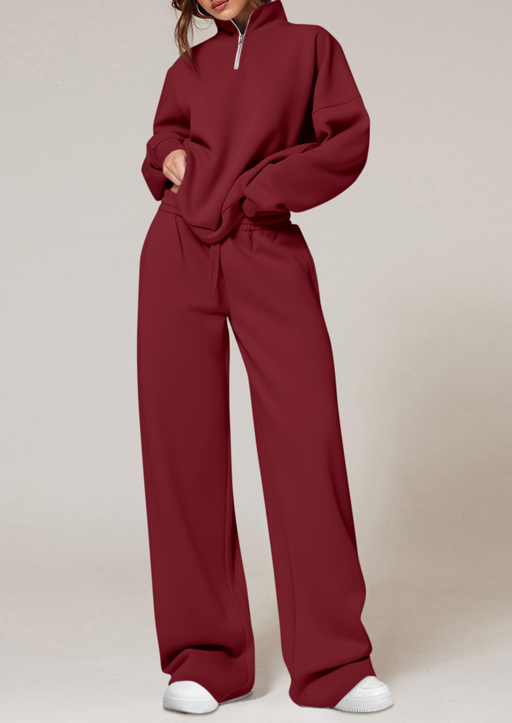 Chichi Womens Casual Two Piece Sets Fall Outfits Quarter Zip Sweatshirts Straight Leg Pants Sweatsuits Tracksuit Wine Red