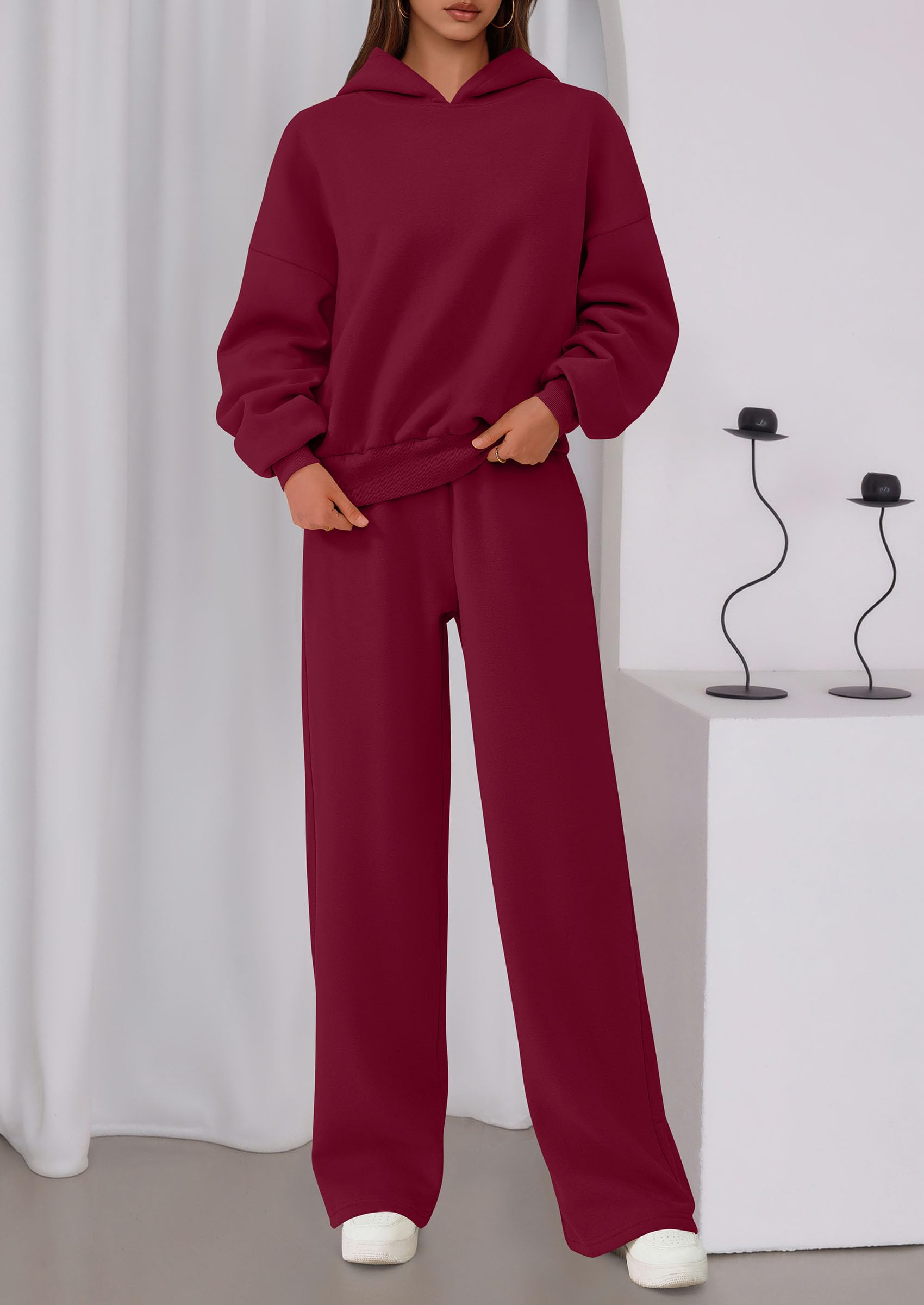 Chichi Womens Sweatsuits 2 Piece Set Casual Winter Long Sleeve Hoodie Loose Wide Leg Sweatpants Fall Tracksuit Wine Red