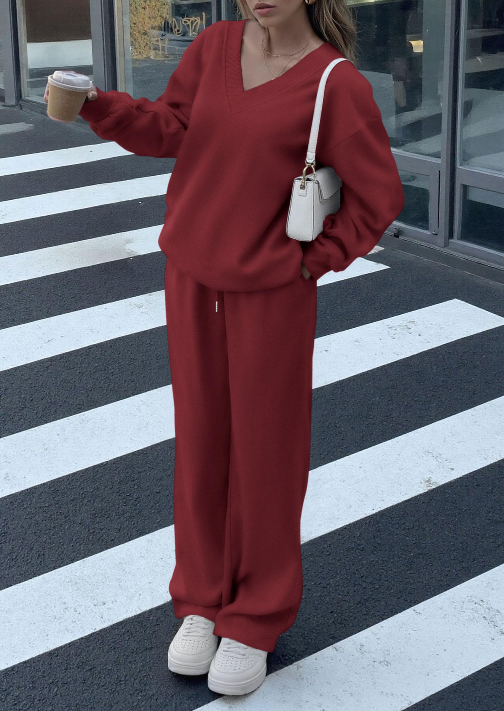 Chichi Casual Winter Two Piece Sets for Women V Neck Sweatshirt Loose Wide Leg Pants Tracksuit Knit Fall Outfits Wine Red