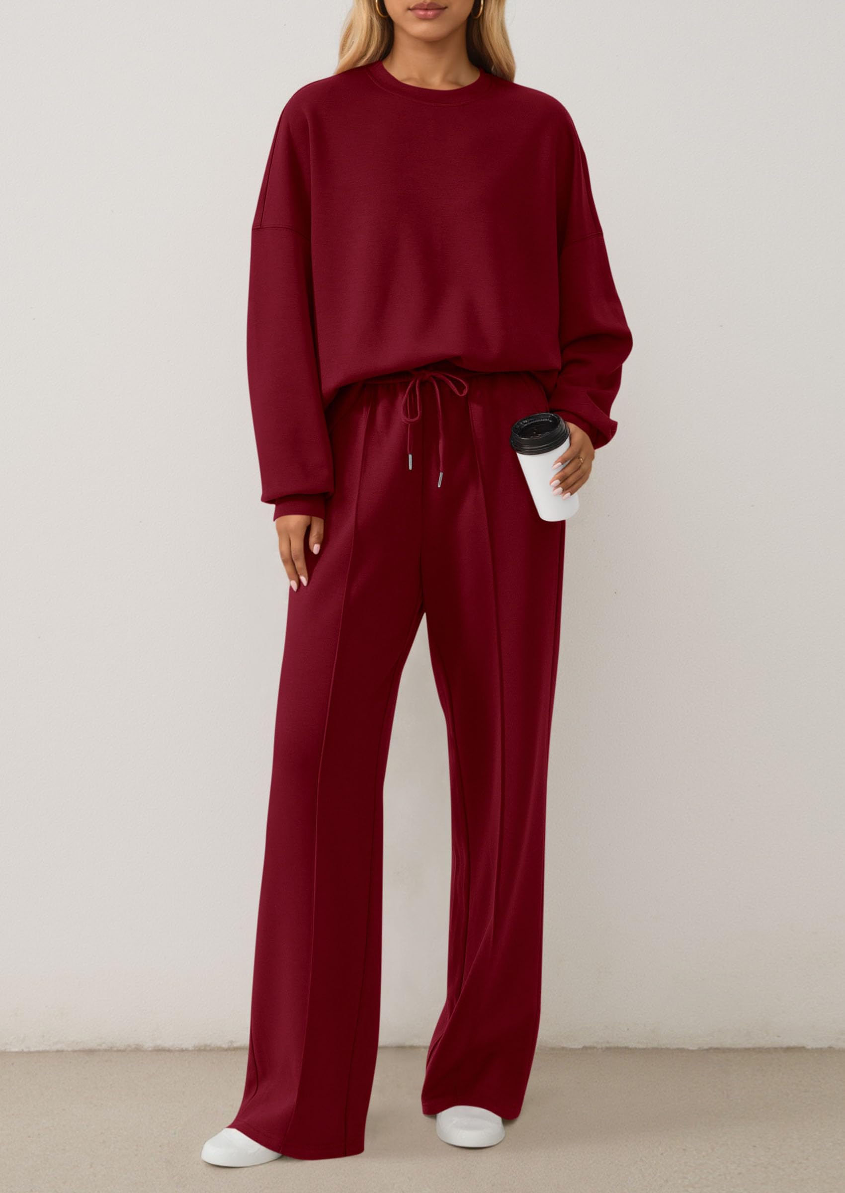 Chichi 2 Piece Sets For Women Fall Trendy Long Sleeve Sweatshirt Wide Leg Pants Loungewear Set Matching Sweatsuit Wine Red