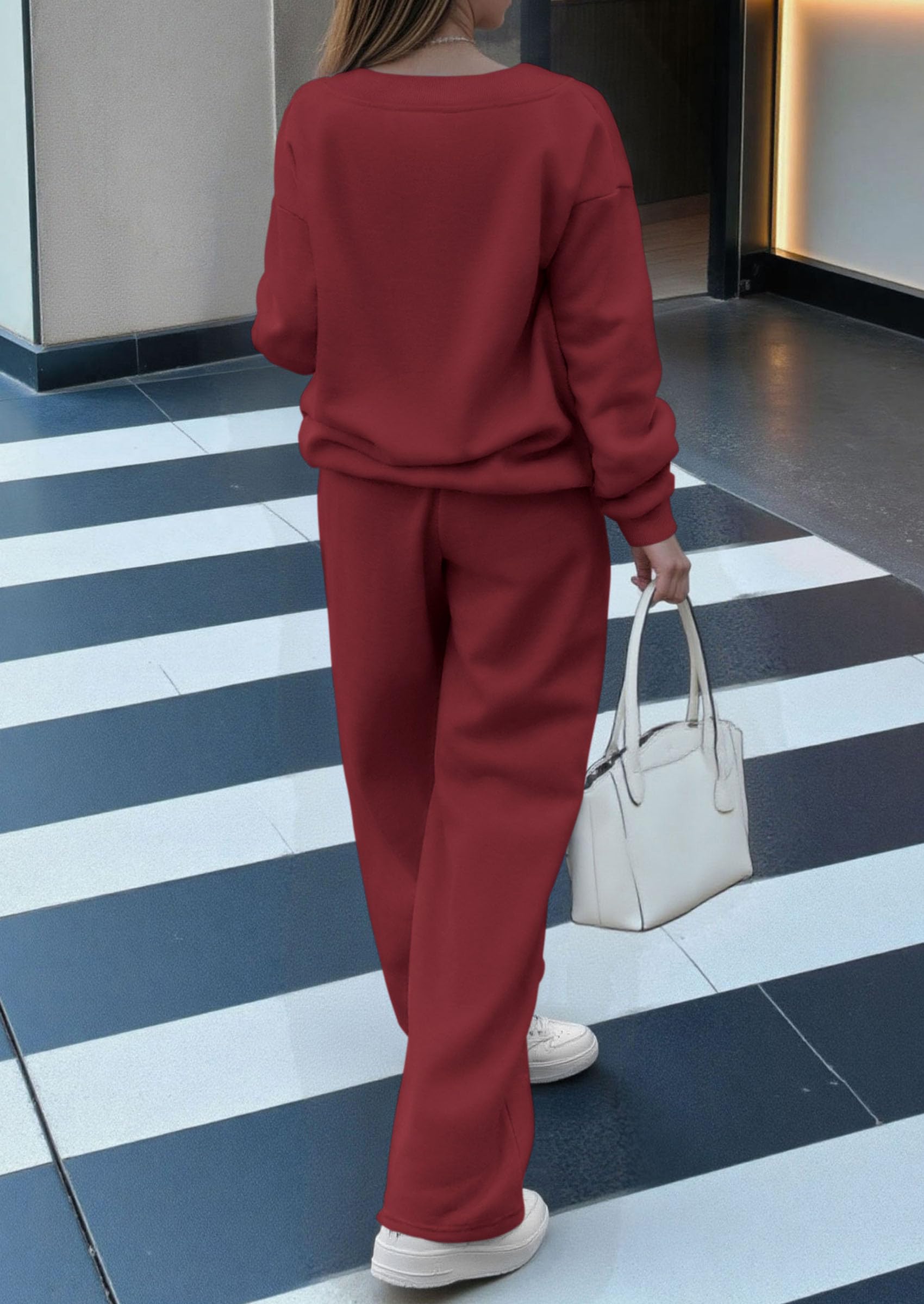 Chichi Casual Winter Two Piece Sets for Women V Neck Sweatshirt Loose Wide Leg Pants Tracksuit Knit Fall Outfits Wine Red