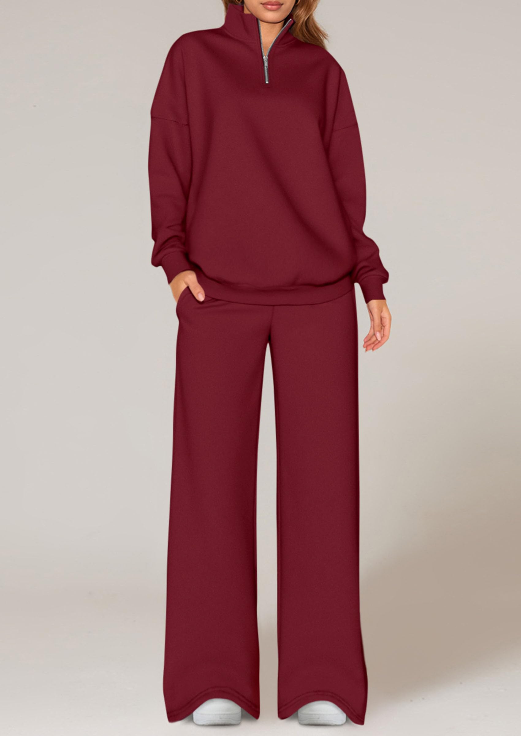 Chichi Womens Casual Two Piece Sets Fall Outfits Quarter Zip Sweatshirts Straight Leg Pants Sweatsuits Tracksuit Wine Red
