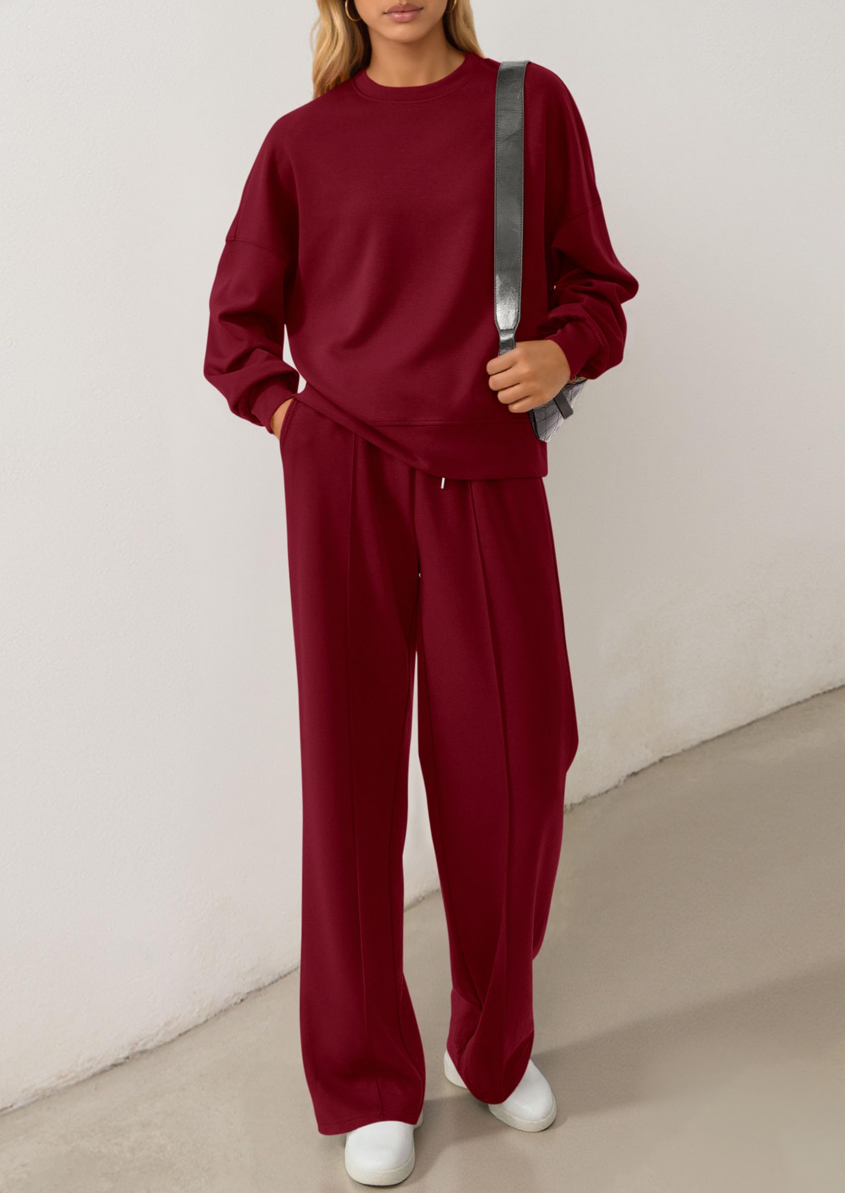 Chichi 2 Piece Sets For Women Fall Trendy Long Sleeve Sweatshirt Wide Leg Pants Loungewear Set Matching Sweatsuit Wine Red