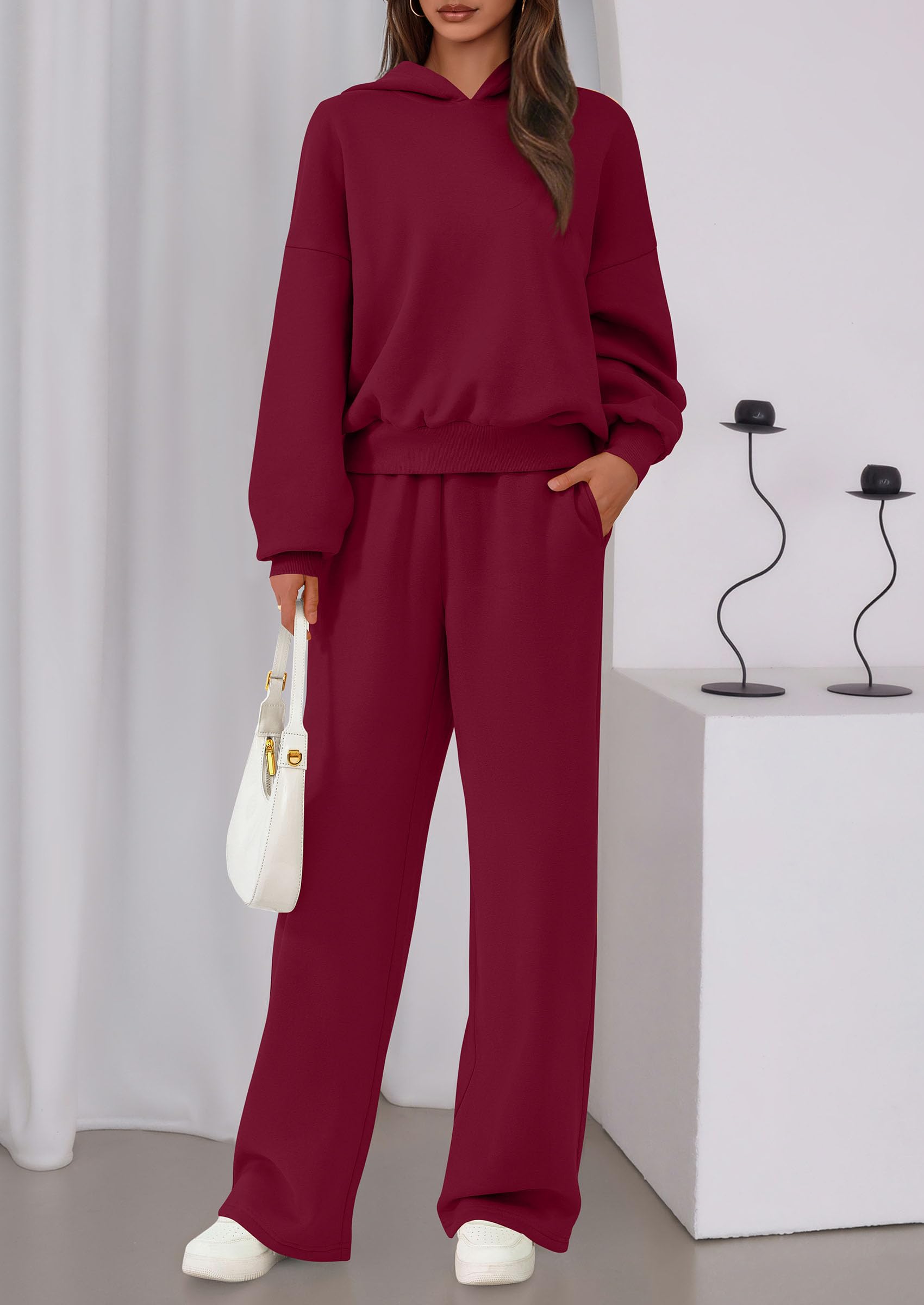 Chichi Womens Sweatsuits 2 Piece Set Casual Winter Long Sleeve Hoodie Loose Wide Leg Sweatpants Fall Tracksuit Wine Red