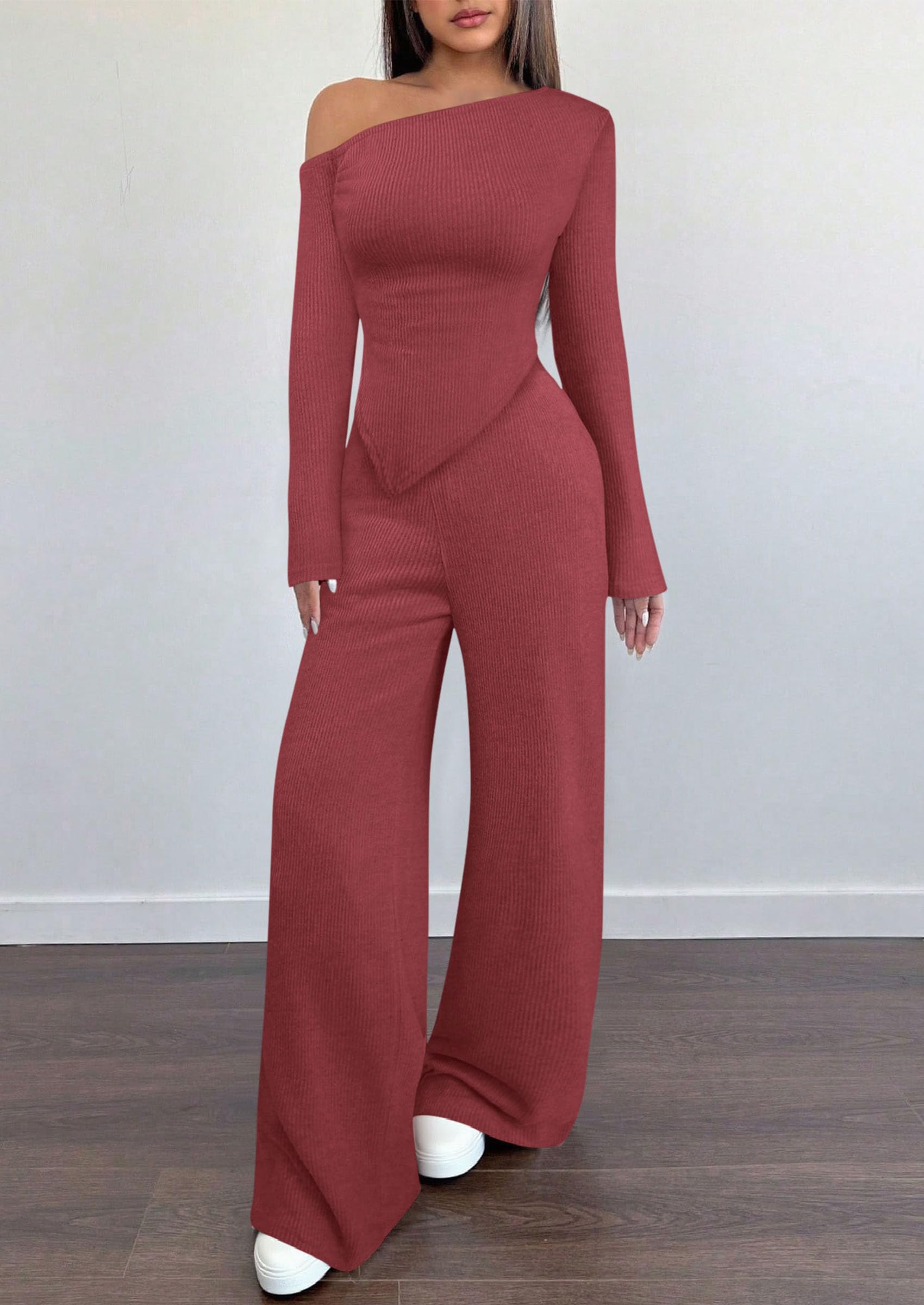 Chichi Casual Two Piece Sets for Women Fall Outfits Asymmetrical Off Shoulder Tops Wide Leg Pants Knit Lounge Set Wine Red