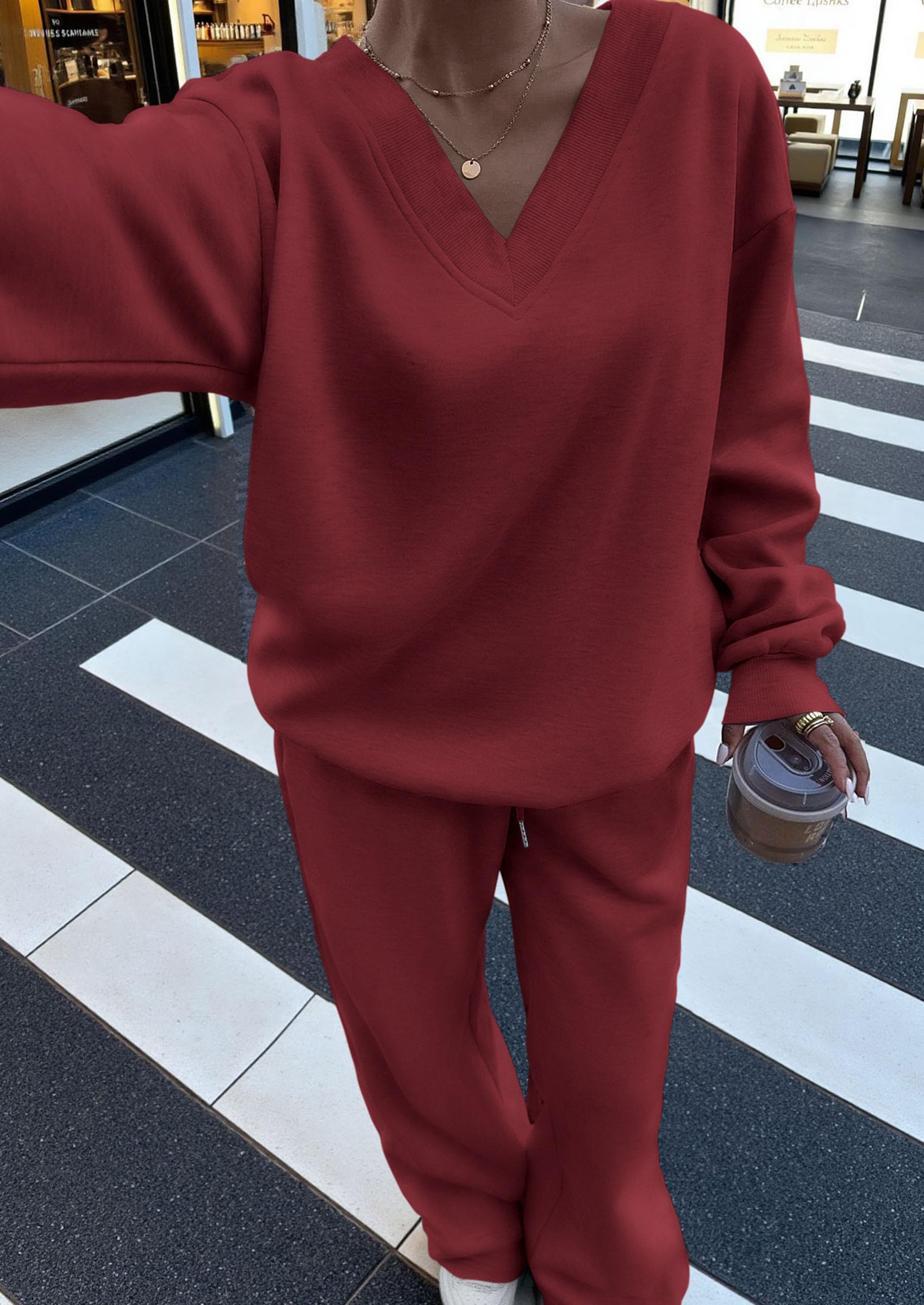 Chichi Casual Winter Two Piece Sets for Women V Neck Sweatshirt Loose Wide Leg Pants Tracksuit Knit Fall Outfits Wine Red