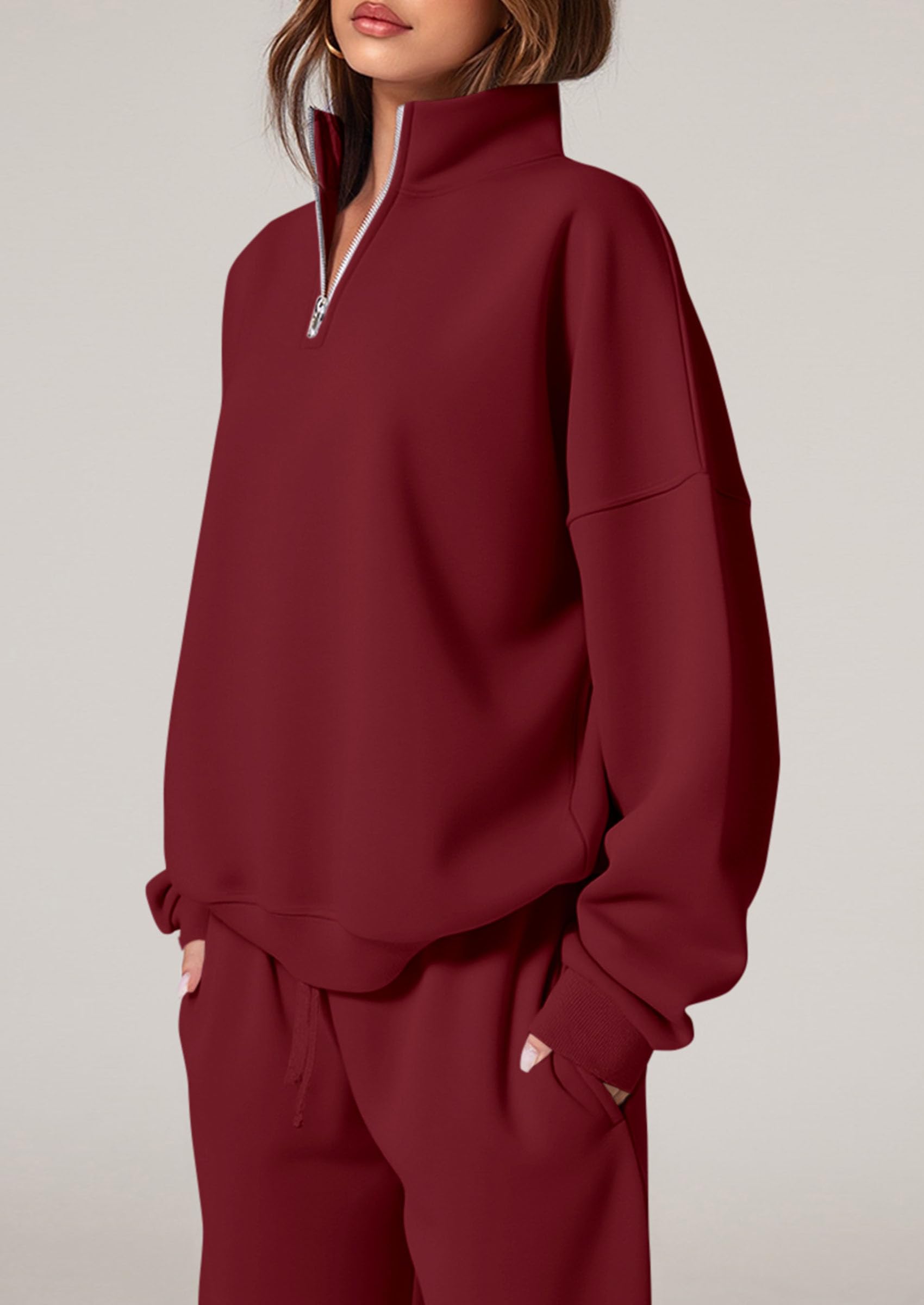 Chichi Womens Casual Two Piece Sets Fall Outfits Quarter Zip Sweatshirts Straight Leg Pants Sweatsuits Tracksuit Wine Red