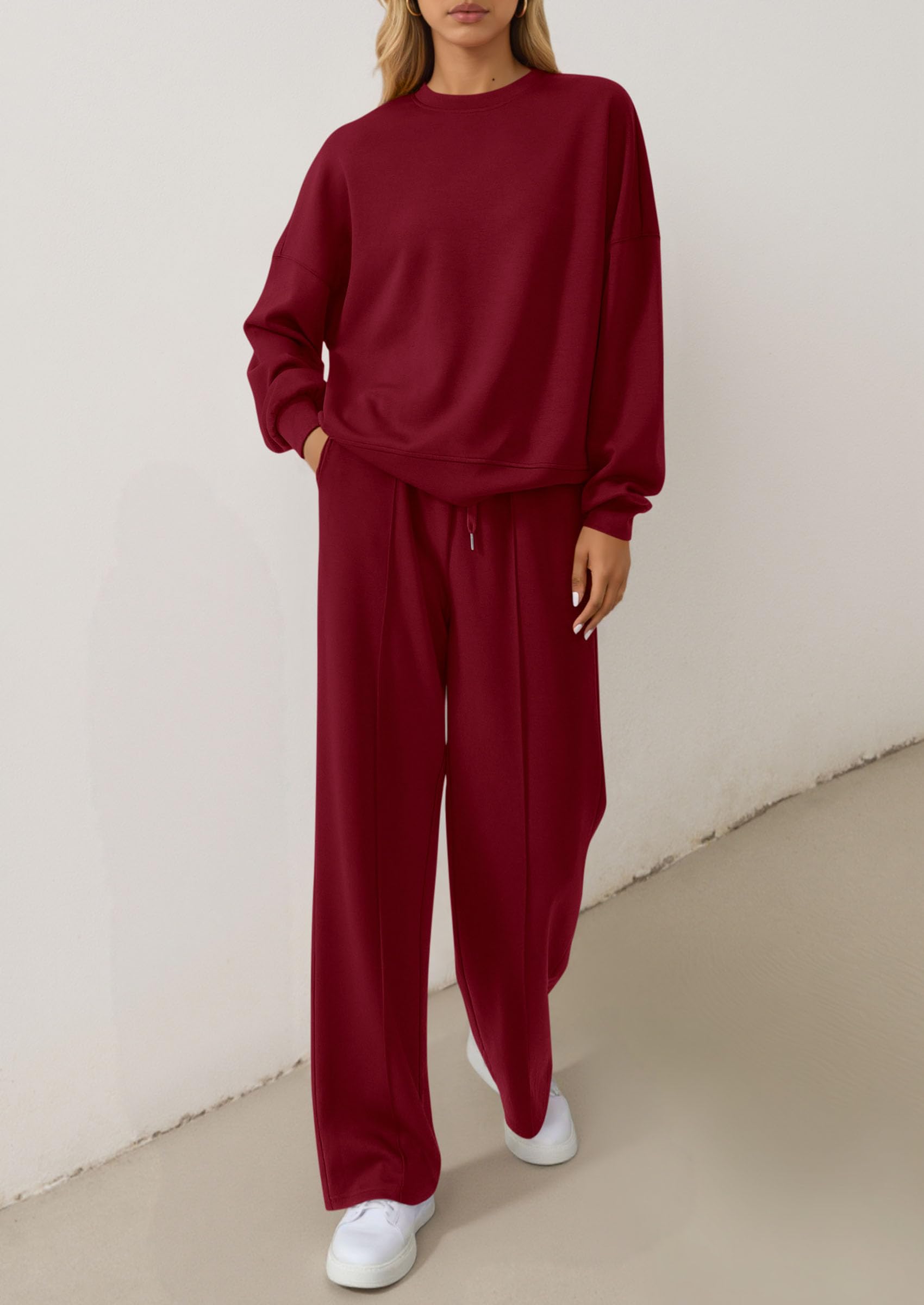 Chichi 2 Piece Sets For Women Fall Trendy Long Sleeve Sweatshirt Wide Leg Pants Loungewear Set Matching Sweatsuit Wine Red