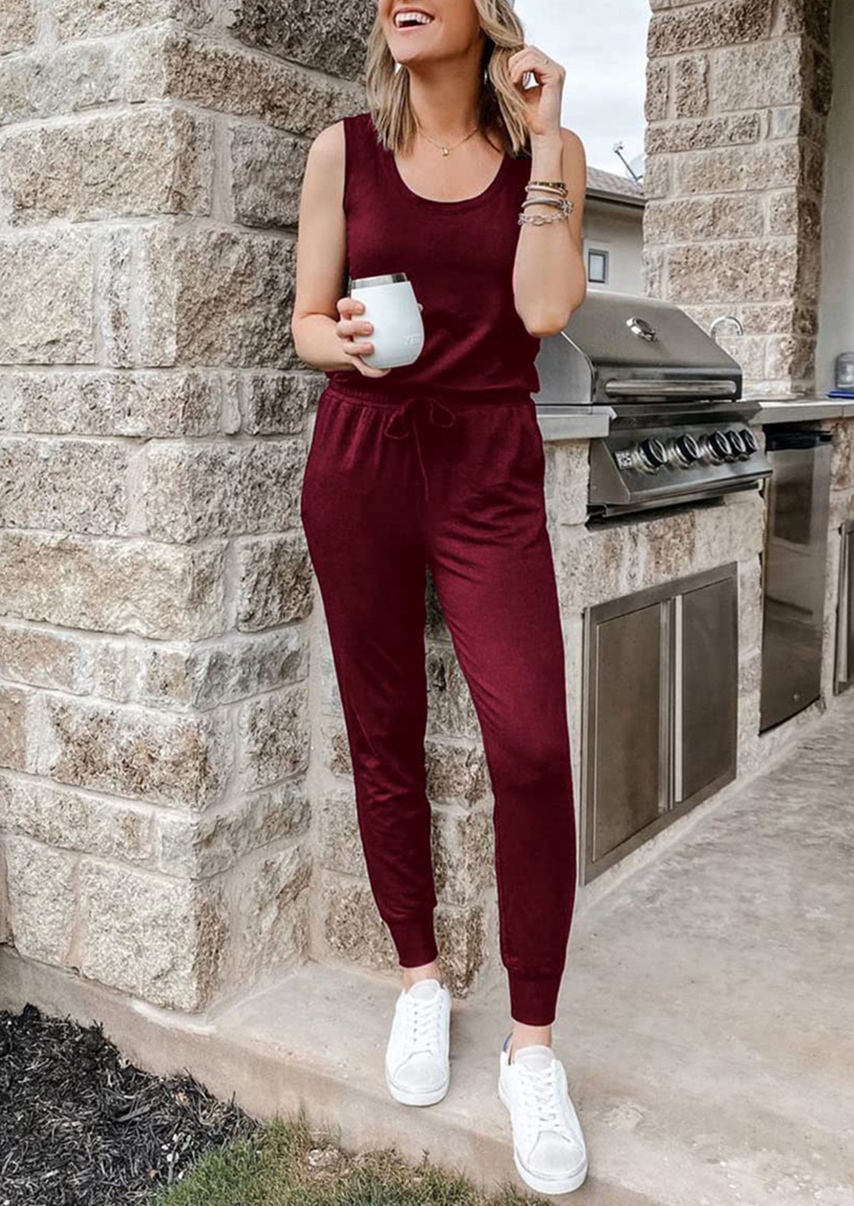 Chichi Two Piece Outfit Sets Casual Sleeveless Crewneck Tops and Sweatpants Wine Red