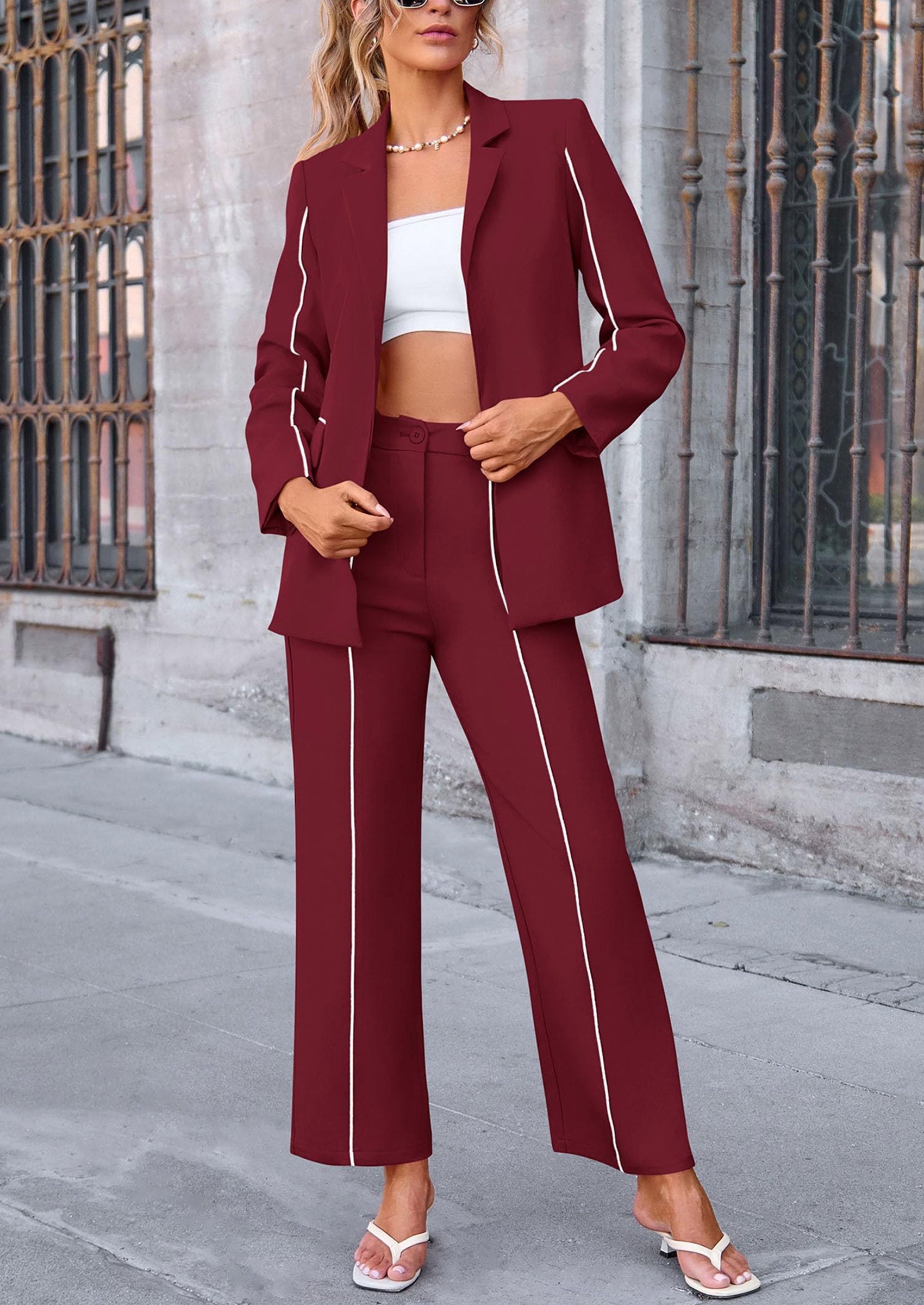 Chichi 2 Piece Blazer Outfits Business Casual Oversized Jacket Wide Leg Work Pants Dressy Suit Set Wine Red