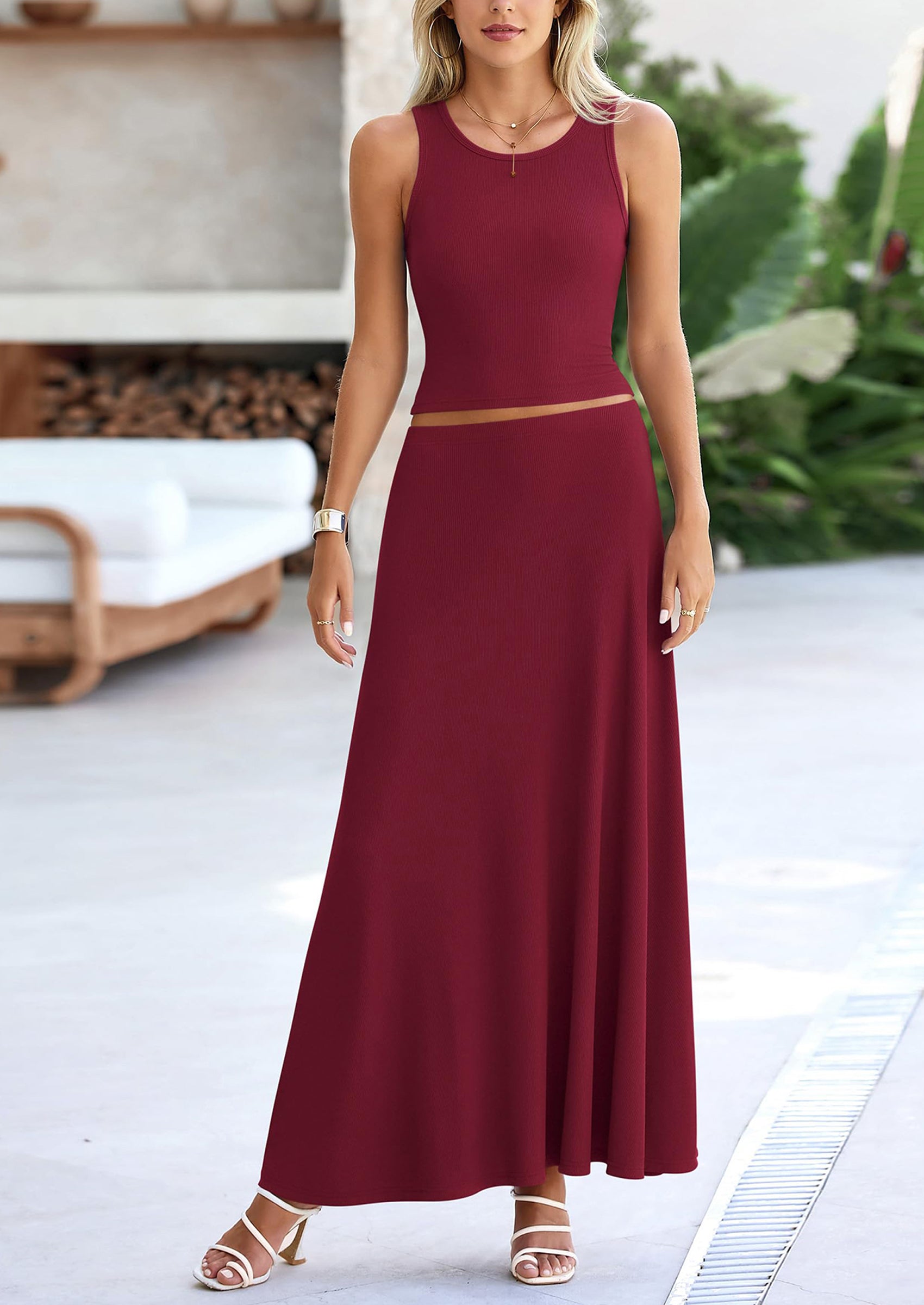 Chichi 2 Piece Maxi Skirt Sets Casual Knit Cropped Tank Top High Waisted Long Skirts Outfit Navy