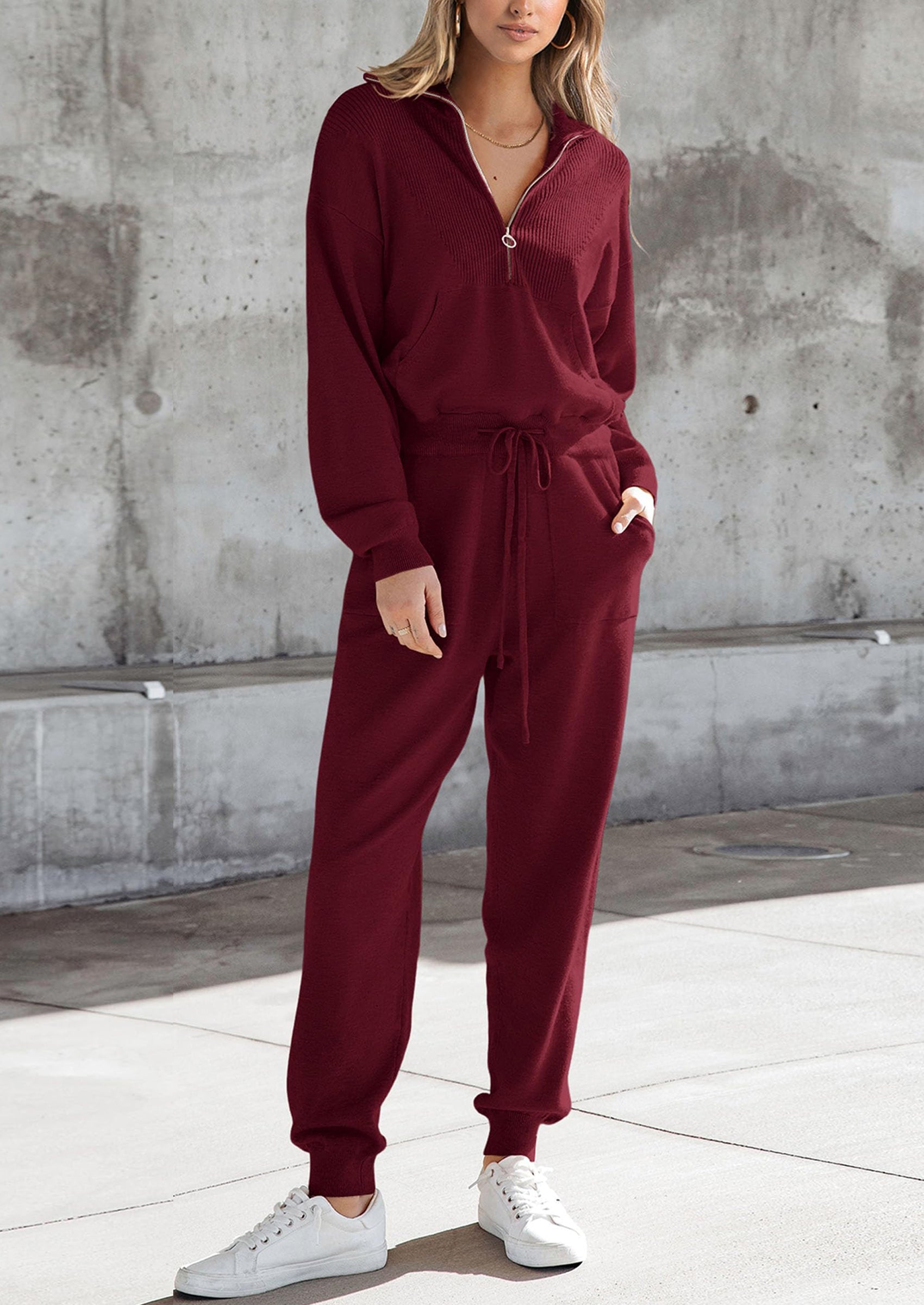 Chichi Women's 2 Piece Sweater Set Pullover Zip Up Sweatshirt Jogger Sweatpants Tracksuit Casual Outfit Wine