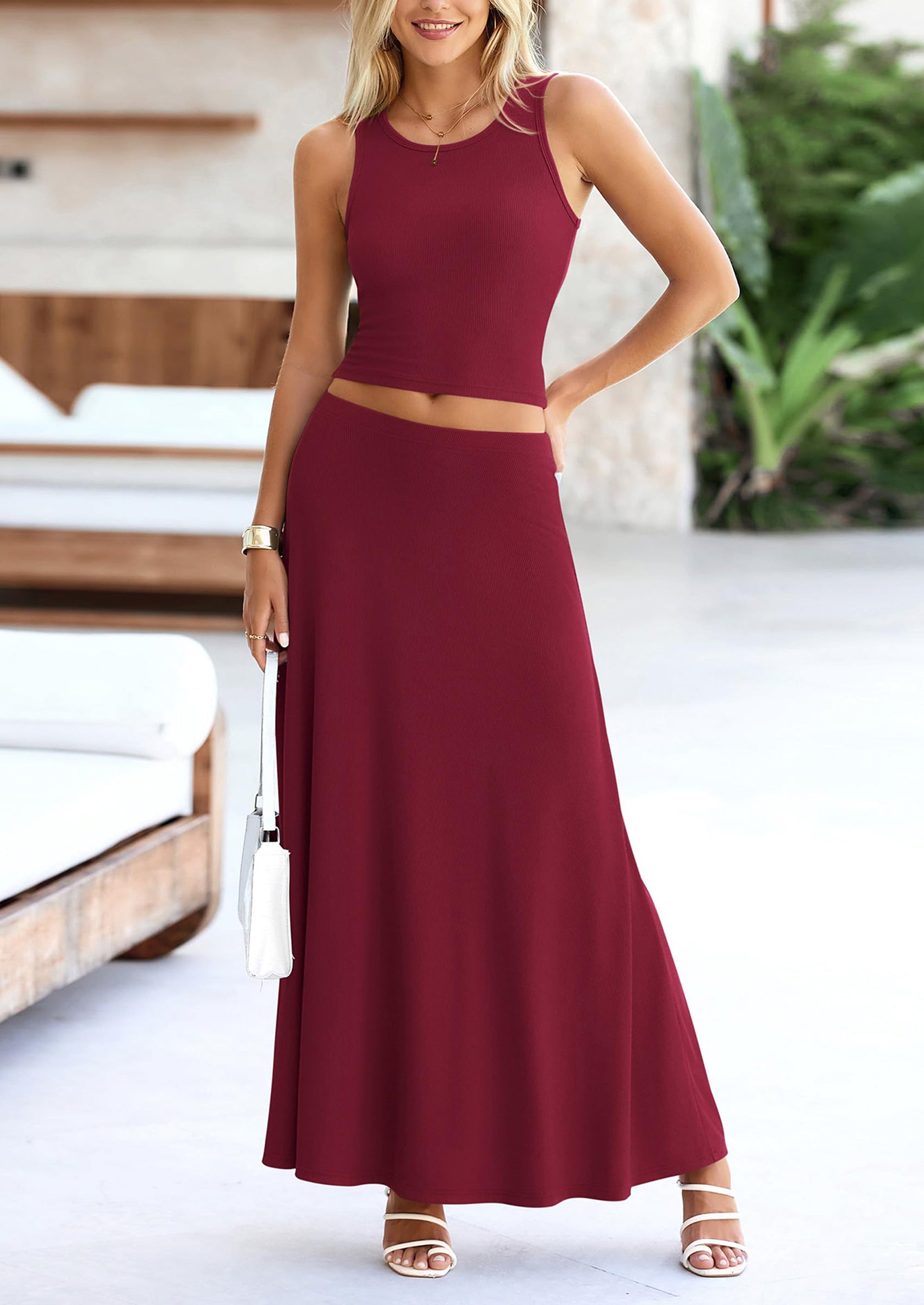 Chichi 2 Piece Maxi Skirt Sets Casual Knit Cropped Tank Top High Waisted Long Skirts Outfit Navy