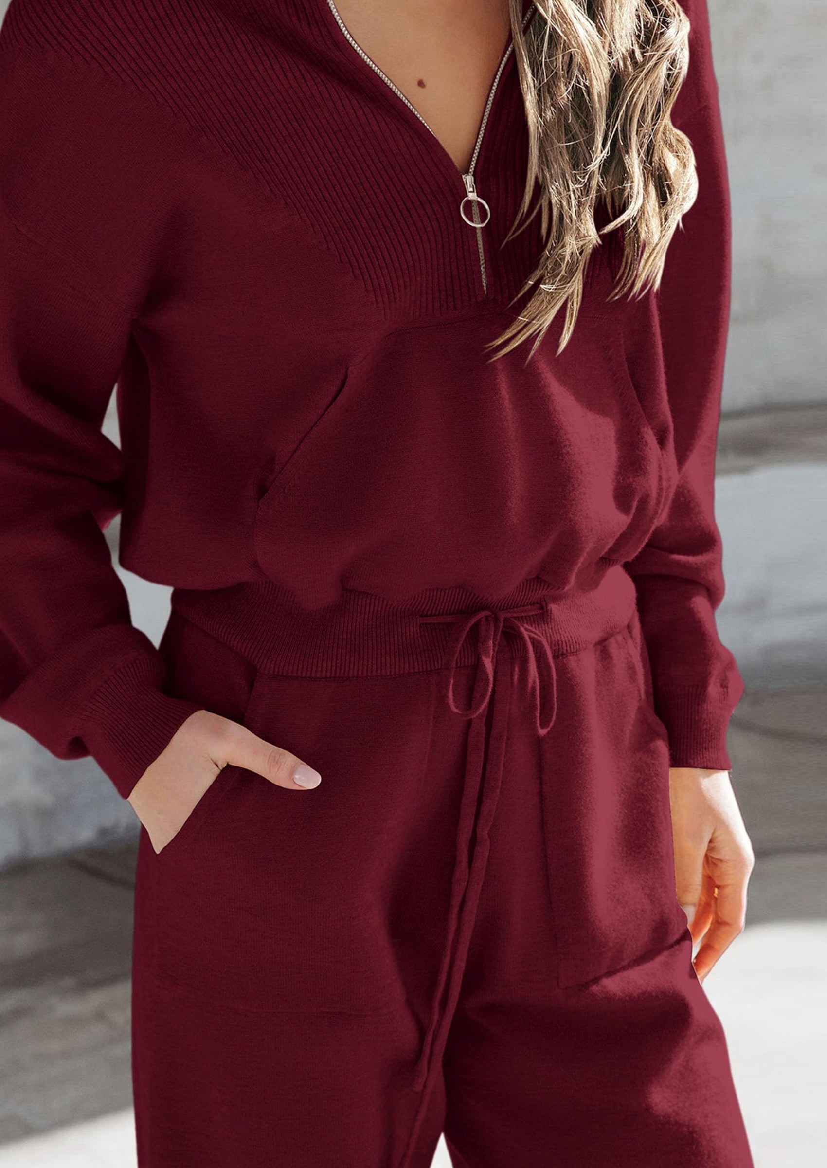 Chichi Women's 2 Piece Sweater Set Pullover Zip Up Sweatshirt Jogger Sweatpants Tracksuit Casual Outfit Wine