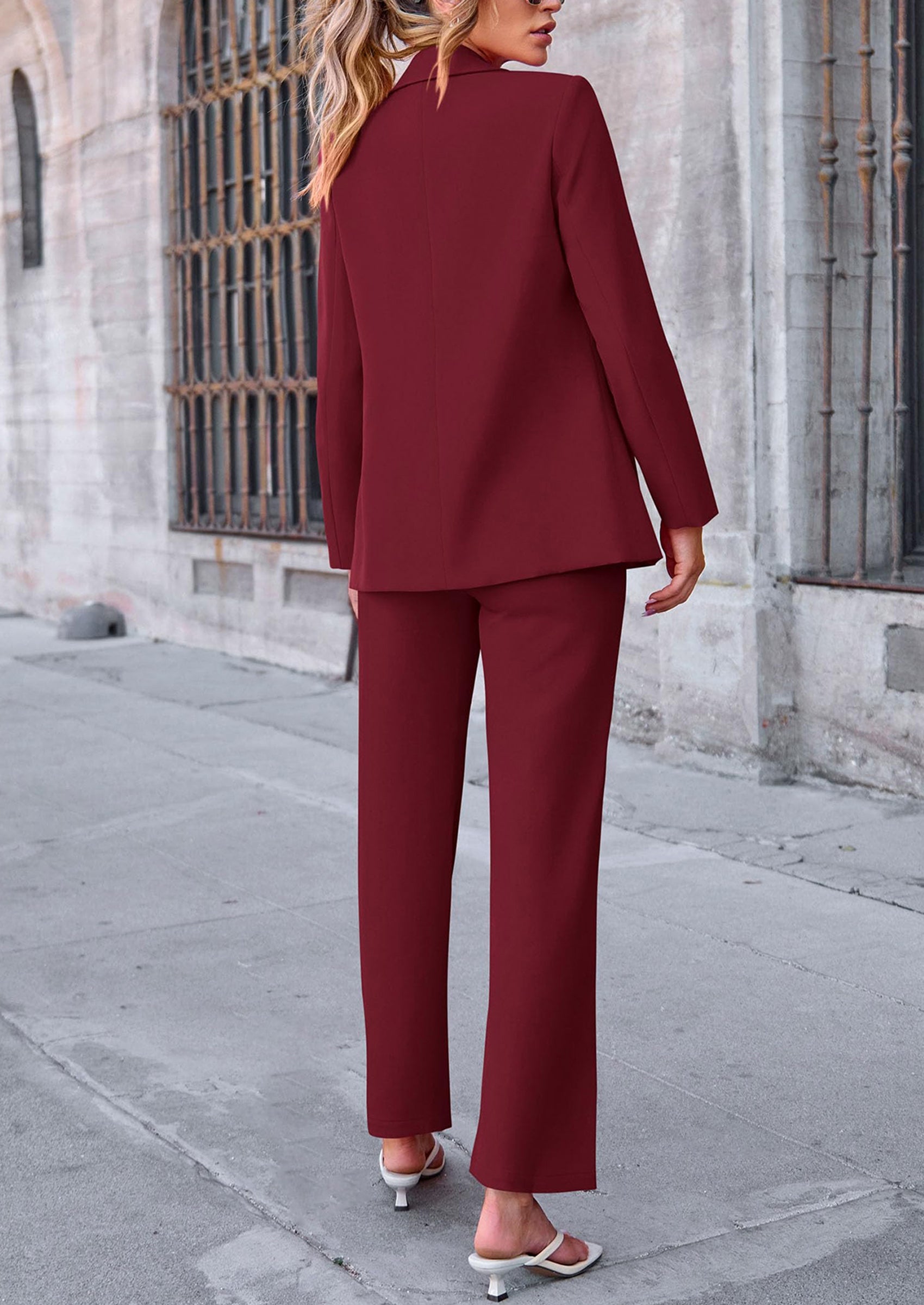 Chichi 2 Piece Blazer Outfits Business Casual Oversized Jacket Wide Leg Work Pants Dressy Suit Set Wine Red