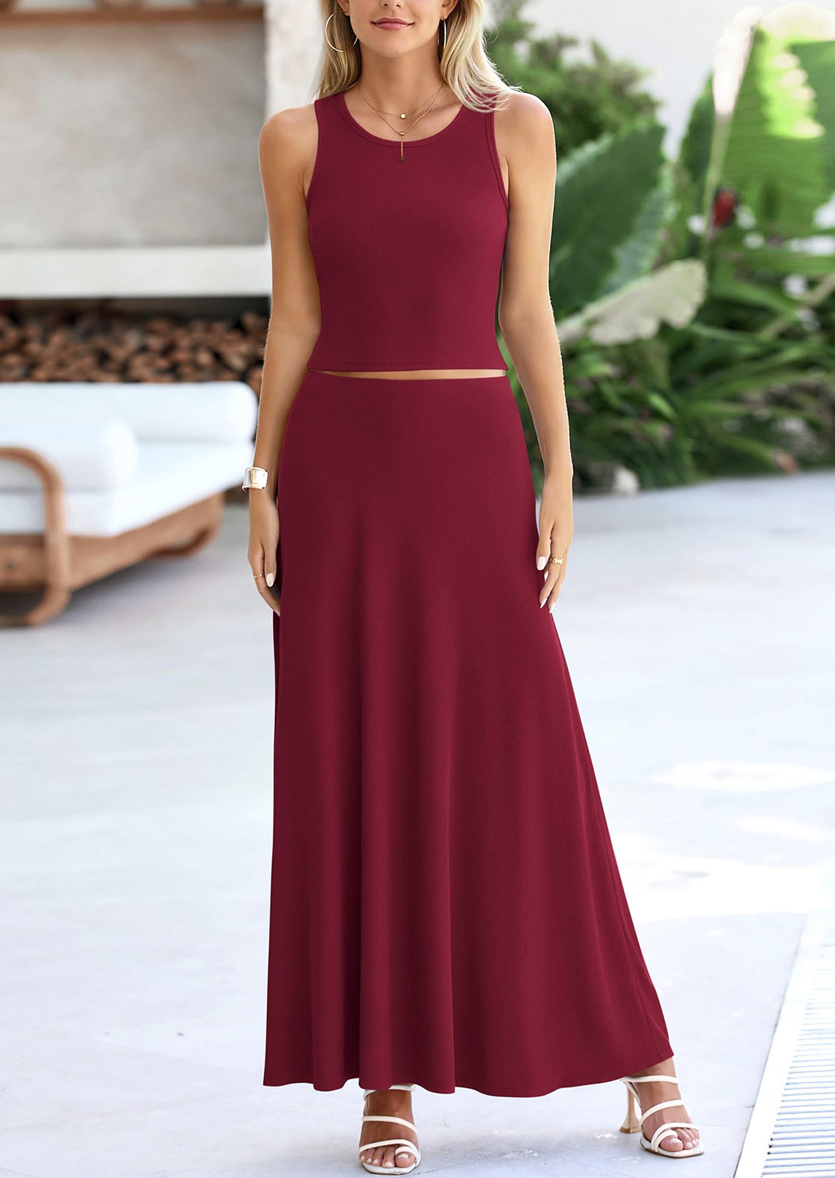 Chichi 2 Piece Maxi Skirt Sets Casual Knit Cropped Tank Top High Waisted Long Skirts Outfit Navy