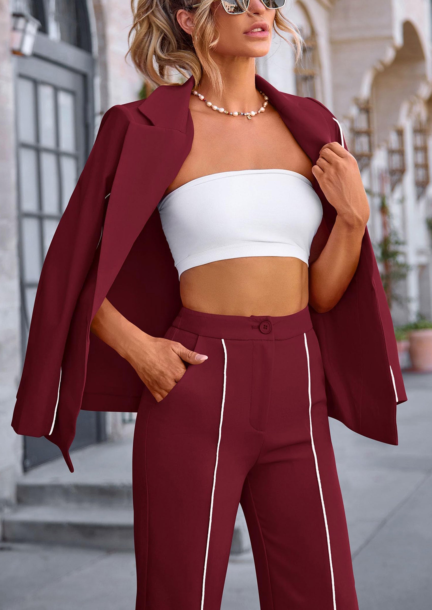 Chichi 2 Piece Blazer Outfits Business Casual Oversized Jacket Wide Leg Work Pants Dressy Suit Set Wine Red