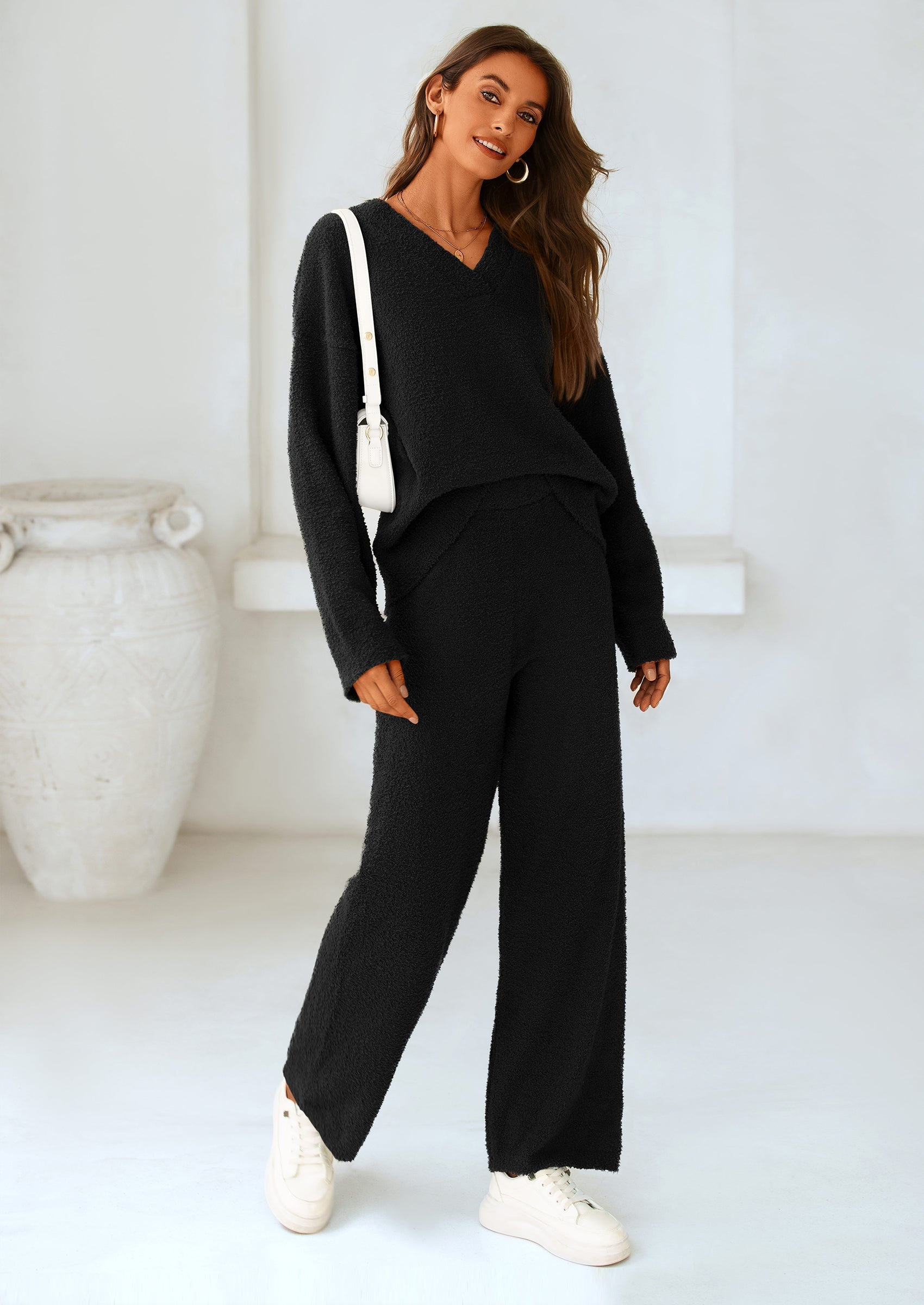 Chichi Lounge Sets for Women Two Piece Sweaters Pajama Set Fall Fashion Loungewear Outfits Matching Winter Clothes Black