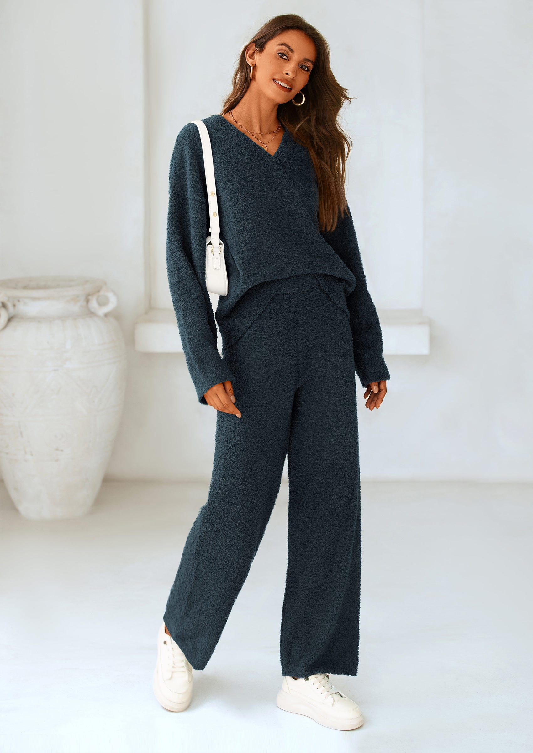 Chichi Lounge Sets for Women Two Piece Sweaters Pajama Set Fall Fashion Loungewear Outfits Matching Winter Clothes Navy