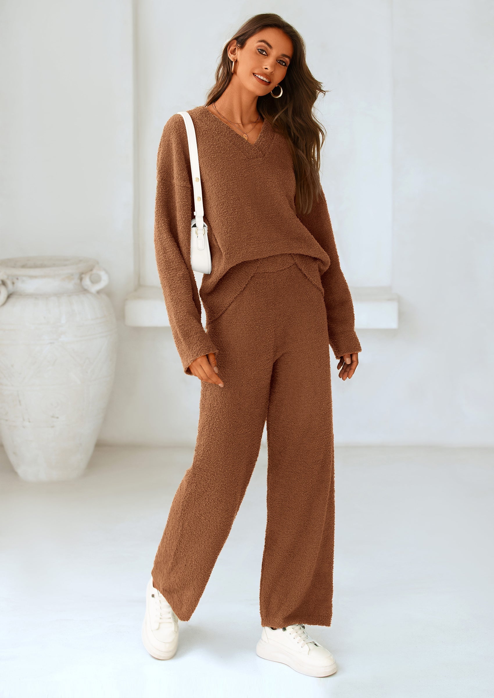 Chichi Lounge Sets for Women Two Piece Sweaters Pajama Set Fall Fashion Loungewear Outfits Matching Winter Clothes Brown