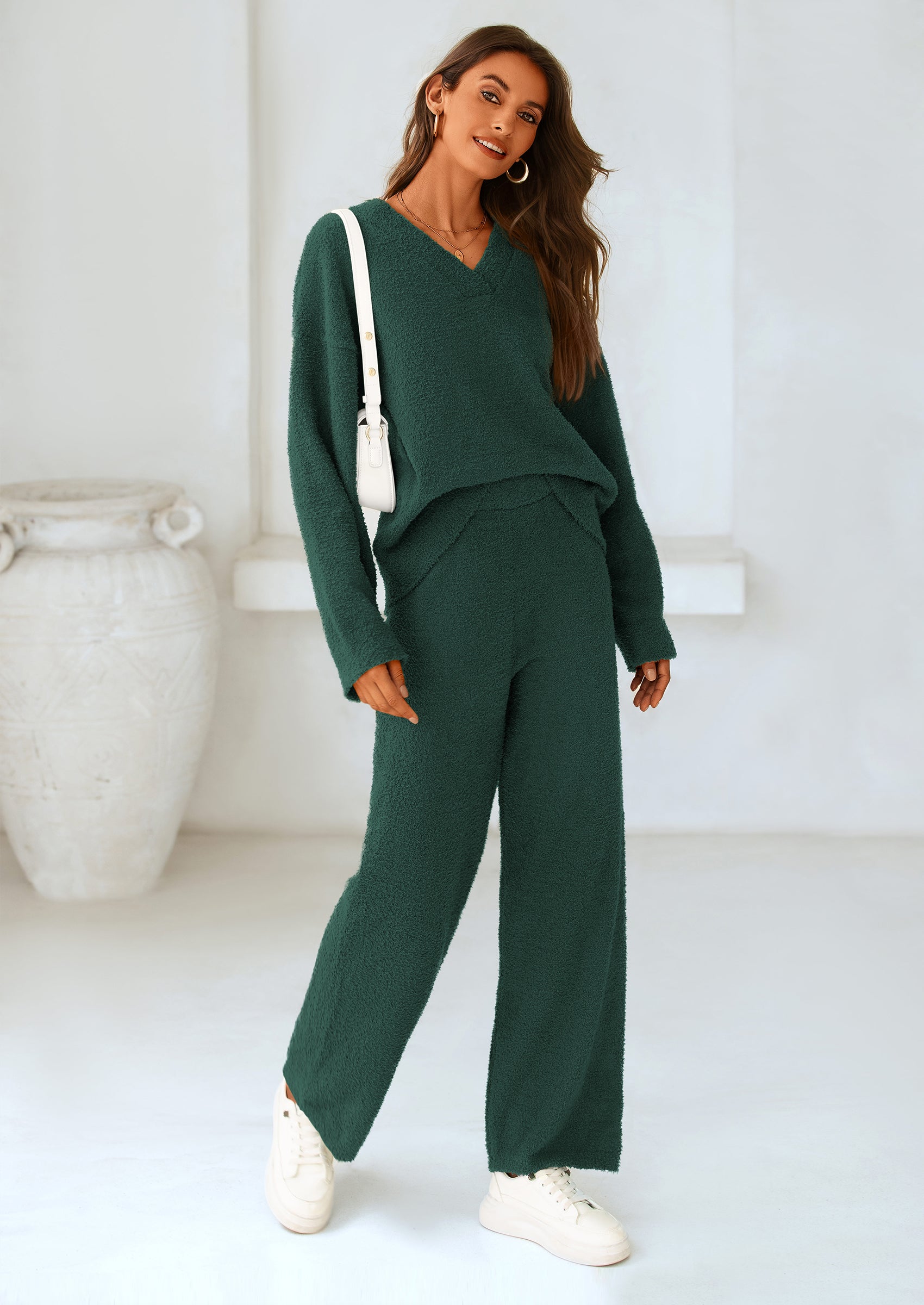 Chichi Lounge Sets for Women Two Piece Sweaters Pajama Set Fall Fashion Loungewear Outfits Matching Winter Clothes Dark Green