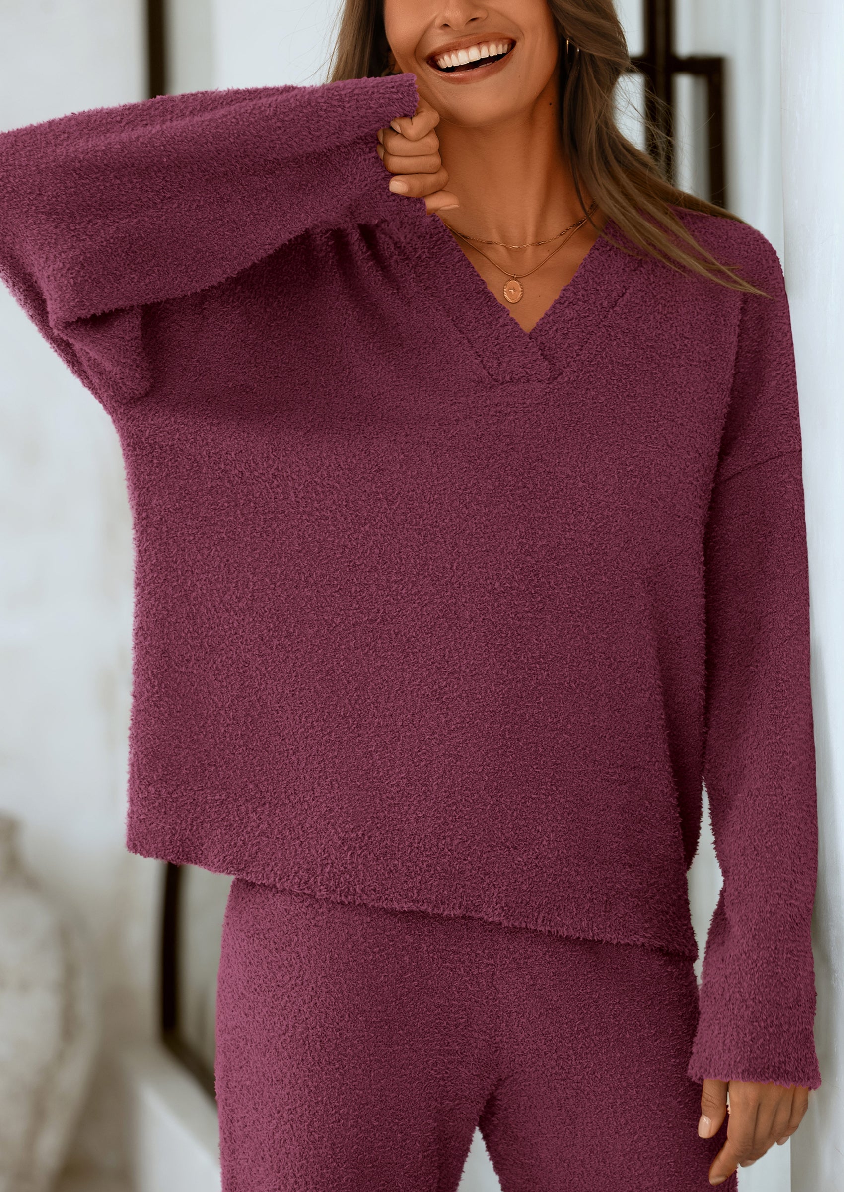 Chichi Lounge Sets for Women Two Piece Sweaters Pajama Set Fall Fashion Loungewear Outfits Matching Winter Clothes Dark Purple