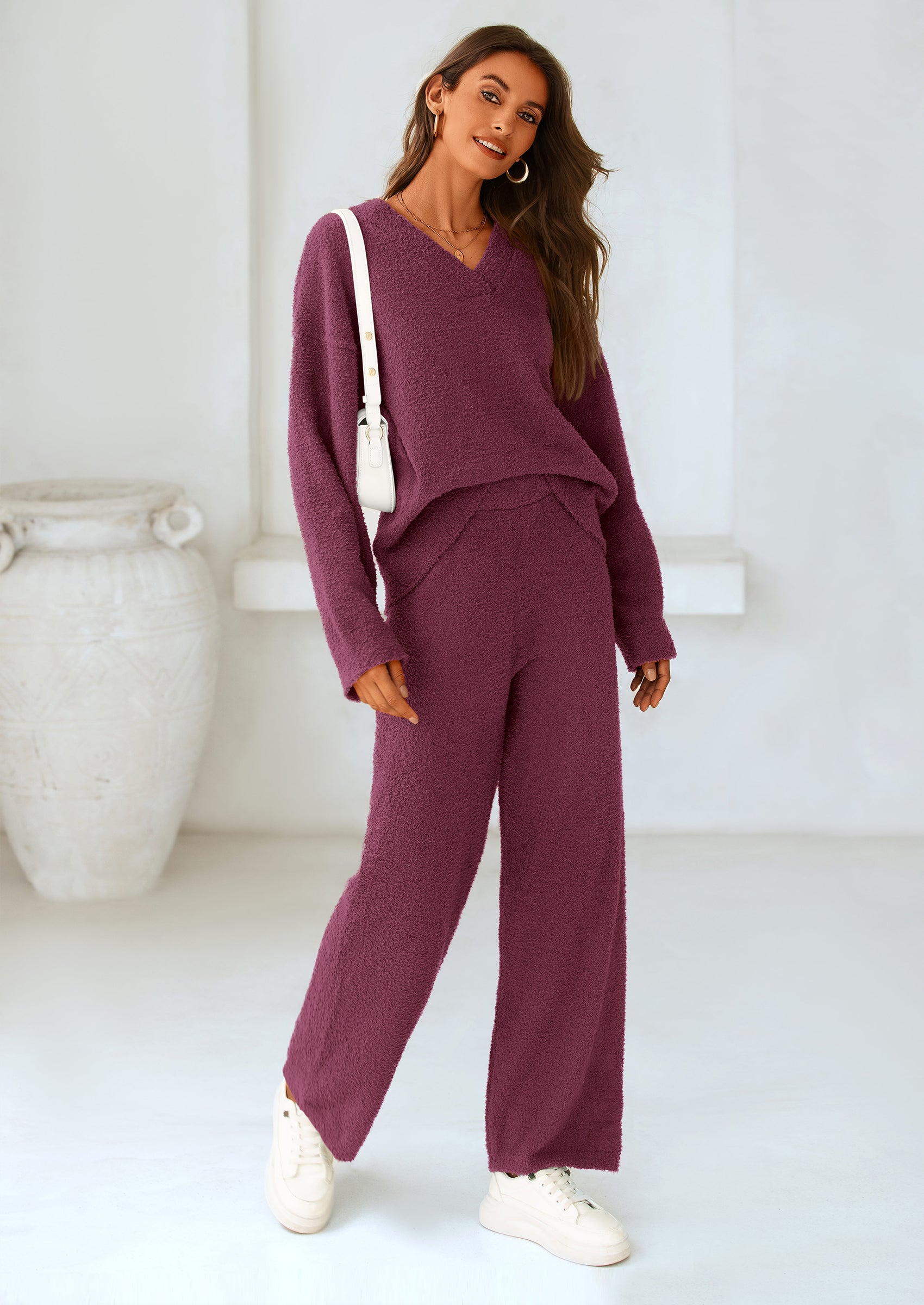 Chichi Lounge Sets for Women Two Piece Sweaters Pajama Set Fall Fashion Loungewear Outfits Matching Winter Clothes Dark Purple