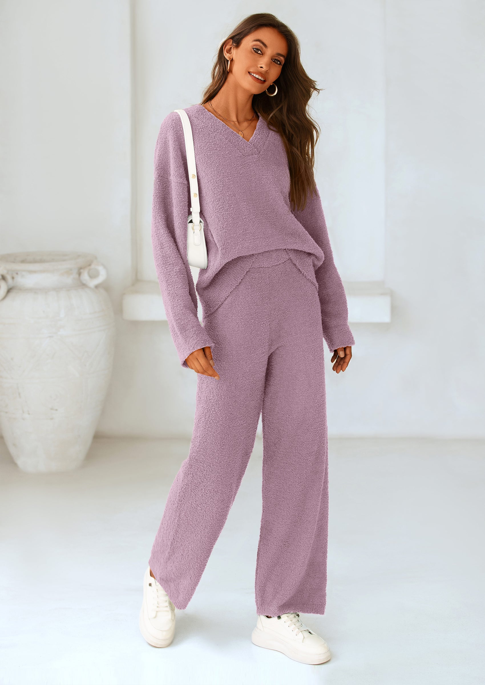 Chichi Lounge Sets for Women Two Piece Sweaters Pajama Set Fall Fashion Loungewear Outfits Matching Winter Clothes Bean Paste Purple