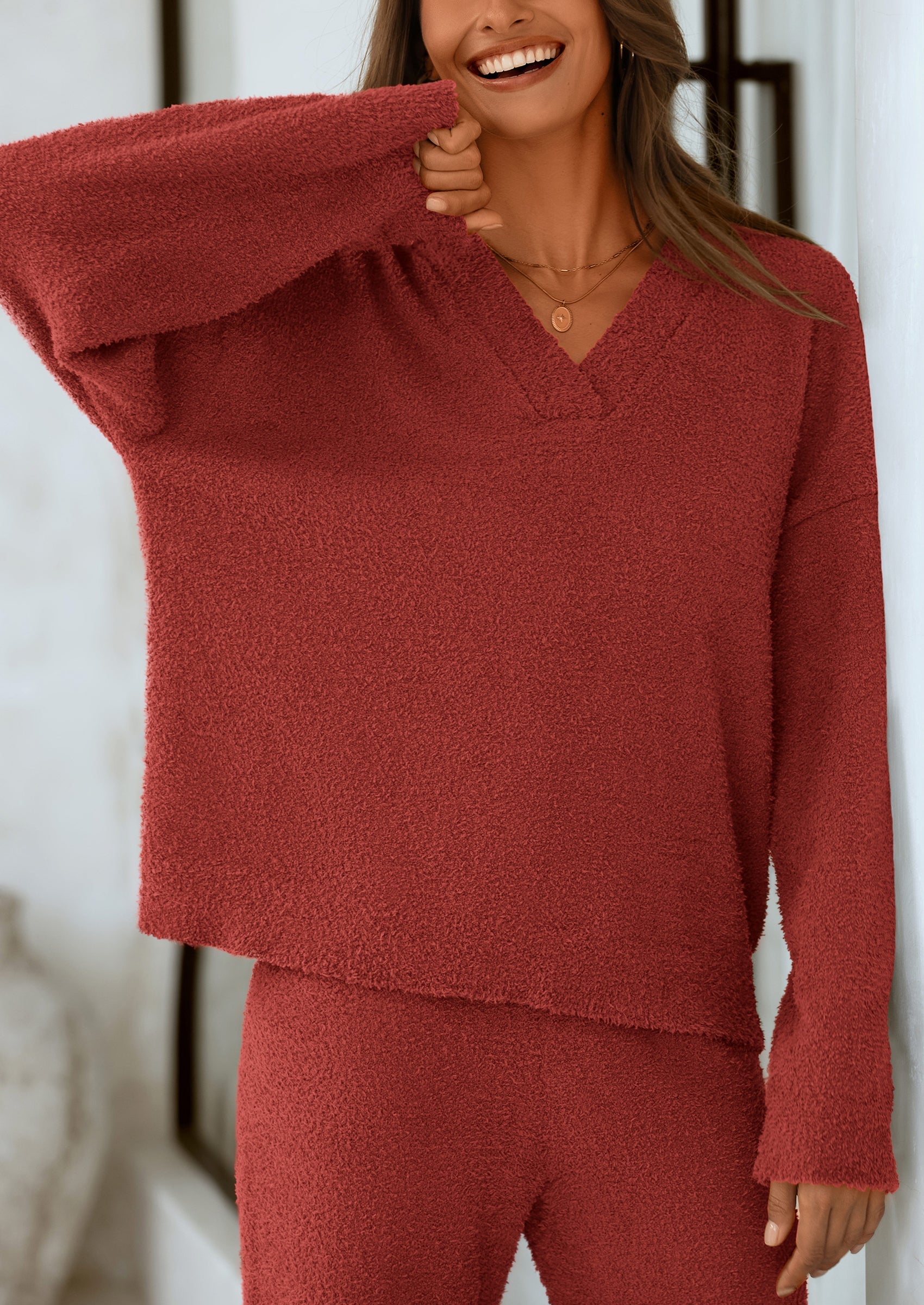 Chichi Lounge Sets for Women Two Piece Sweaters Pajama Set Fall Fashion Loungewear Outfits Matching Winter Clothes Wine Red