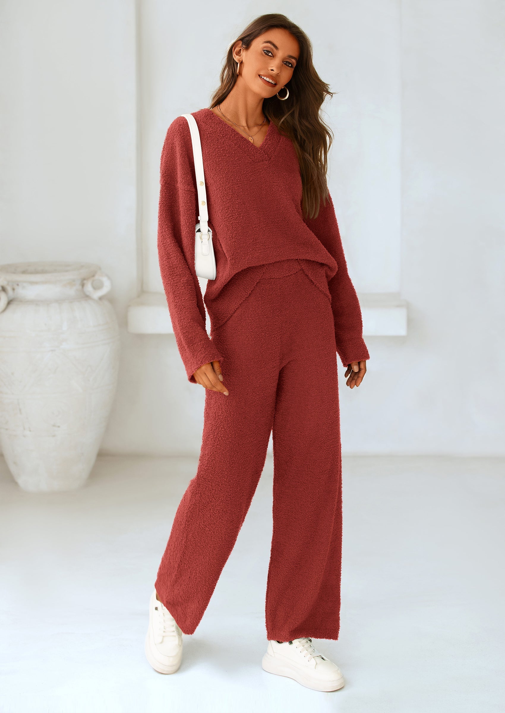 Chichi Lounge Sets for Women Two Piece Sweaters Pajama Set Fall Fashion Loungewear Outfits Matching Winter Clothes Wine Red