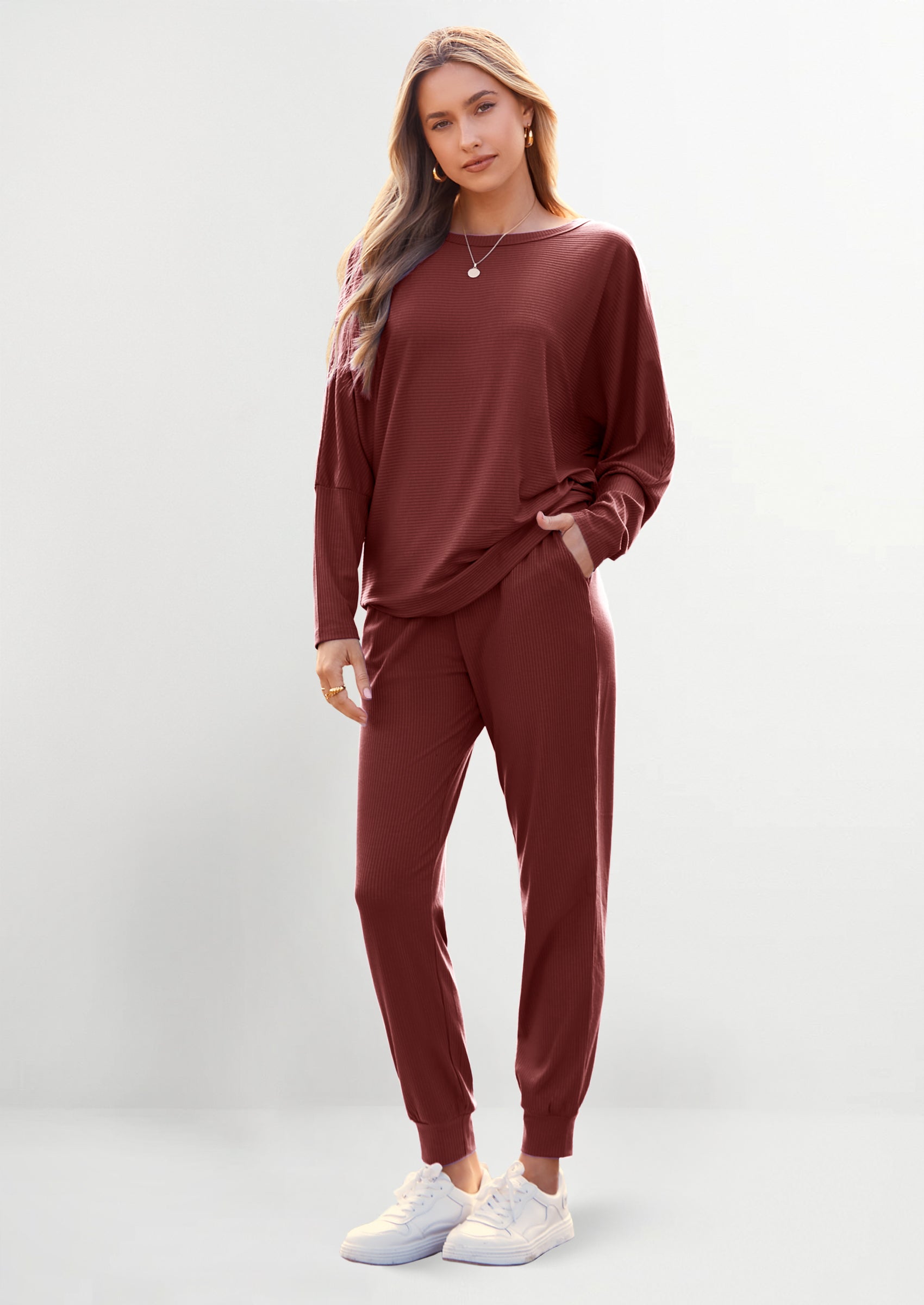 Chichi Women's Fall 2 Piece Lounge Set Long Sleeve Tops Ribbed Pants Spring Matching Sweatsuit Travel Outfits Clothes Wine Red