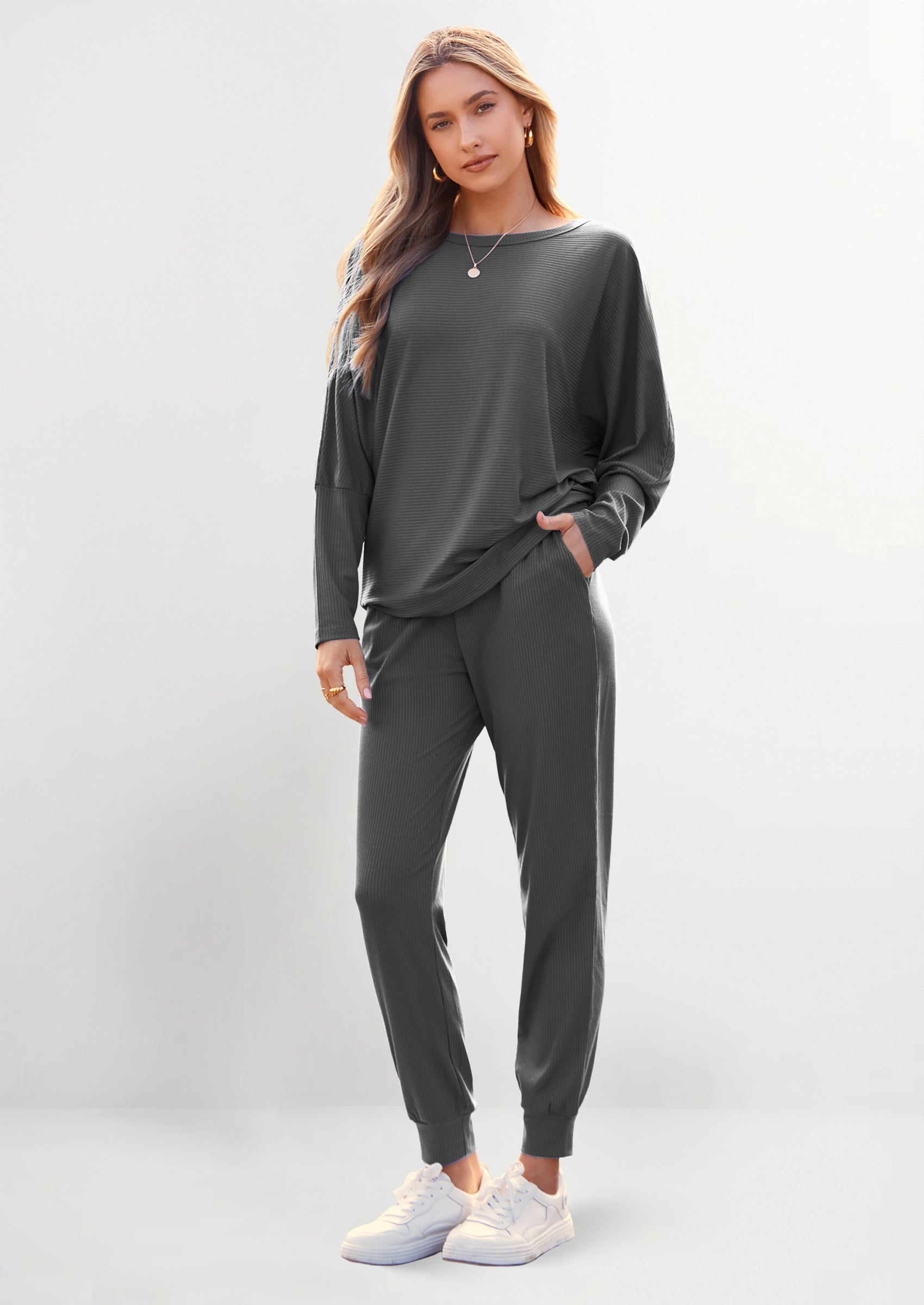 Chichi Women's Fall 2 Piece Lounge Set Long Sleeve Tops Ribbed Pants Spring Matching Sweatsuit Travel Outfits Clothes Grey Blue