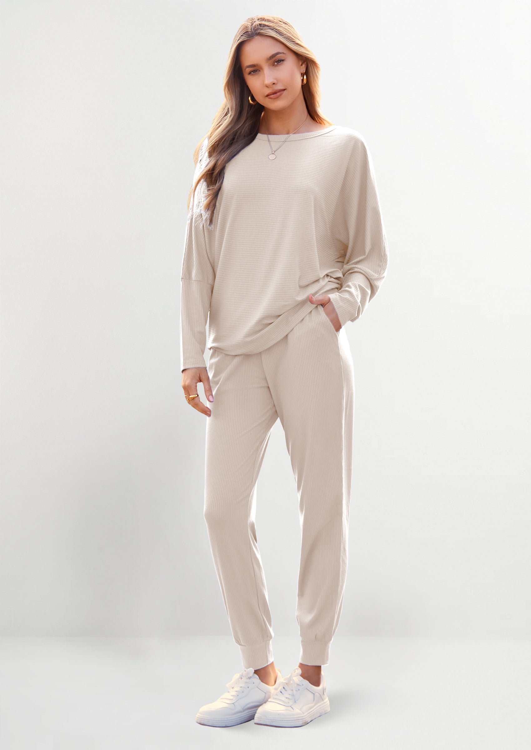 Chichi Women's Fall 2 Piece Lounge Set Long Sleeve Tops Ribbed Pants Spring Matching Sweatsuit Travel Outfits Clothes Apricot