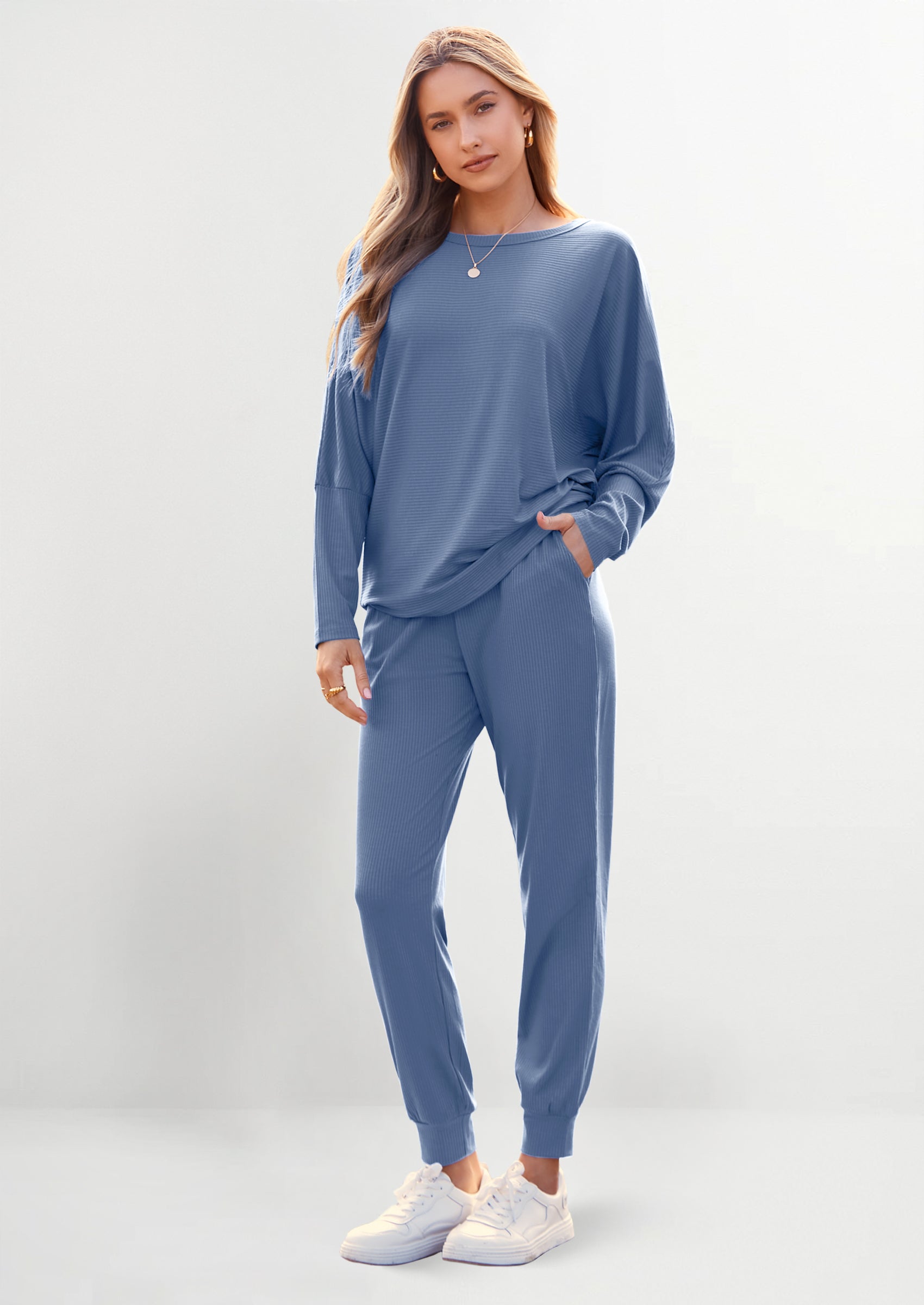 Chichi Women's Fall 2 Piece Lounge Set Long Sleeve Tops Ribbed Pants Spring Matching Sweatsuit Travel Outfits Clothes Light Blue