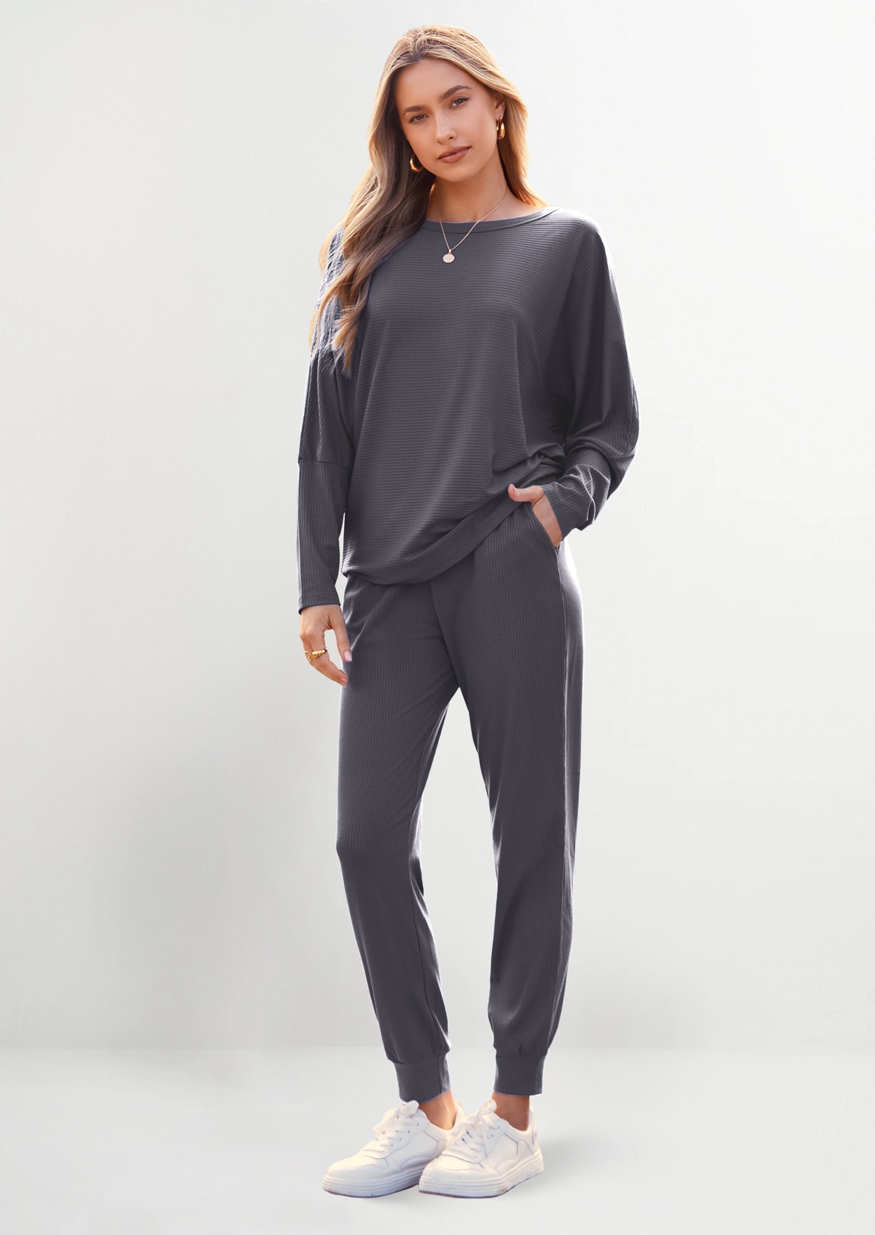 Chichi Women's Fall 2 Piece Lounge Set Long Sleeve Tops Ribbed Pants Spring Matching Sweatsuit Travel Outfits Clothes Coffee