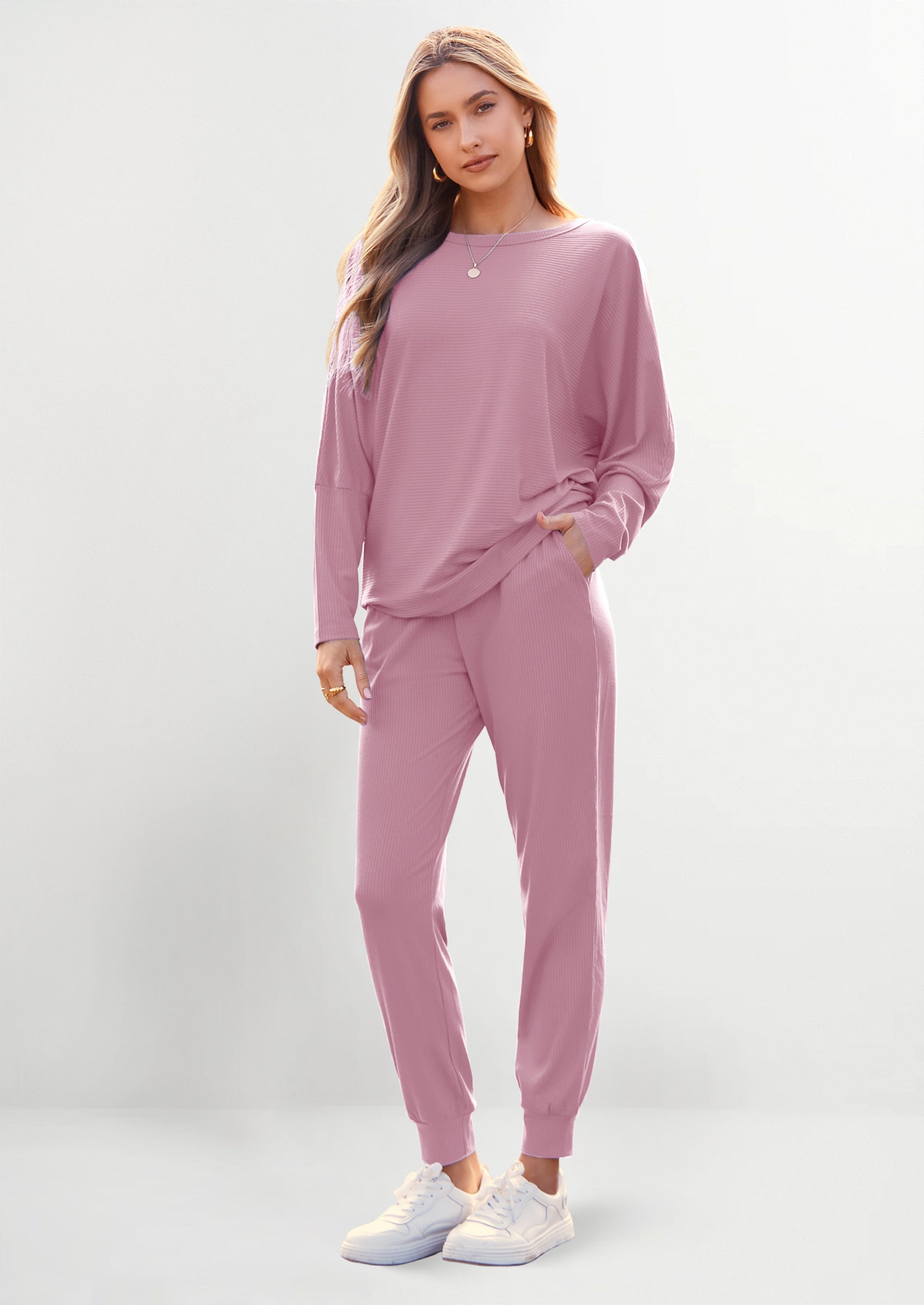 Chichi Women's Fall 2 Piece Lounge Set Long Sleeve Tops Ribbed Pants Spring Matching Sweatsuit Travel Outfits Clothes Pink