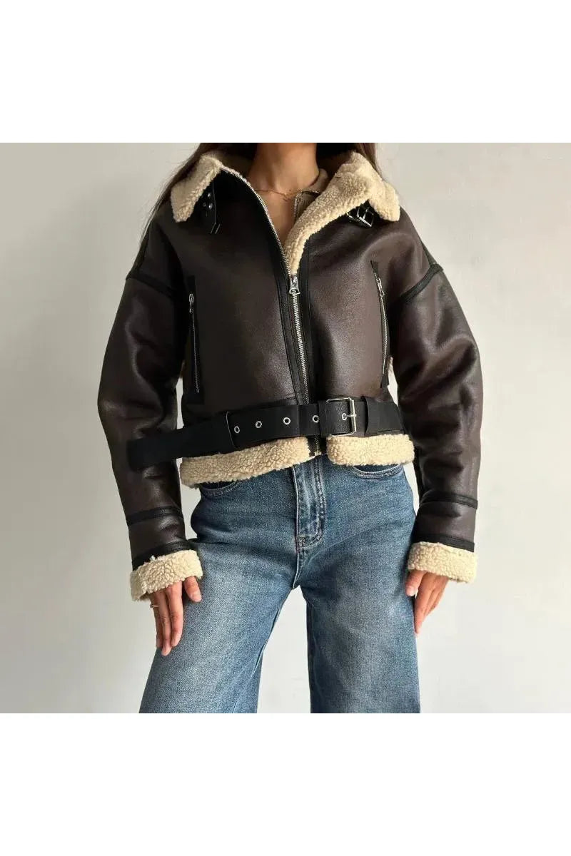 Molly | Leather Fur Coat Mocca