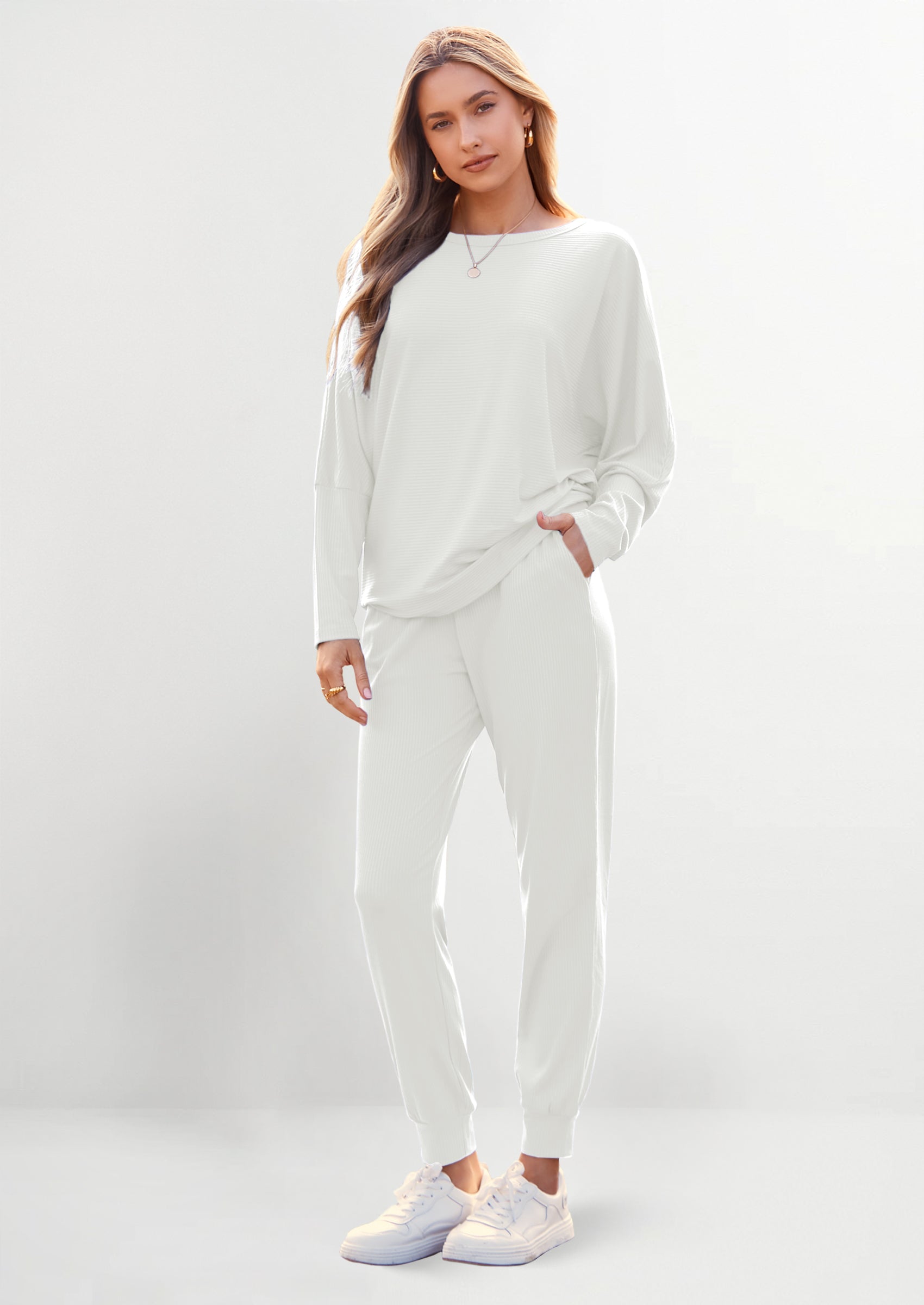 Chichi Women's Fall 2 Piece Lounge Set Long Sleeve Tops Ribbed Pants Spring Matching Sweatsuit Travel Outfits Clothes White