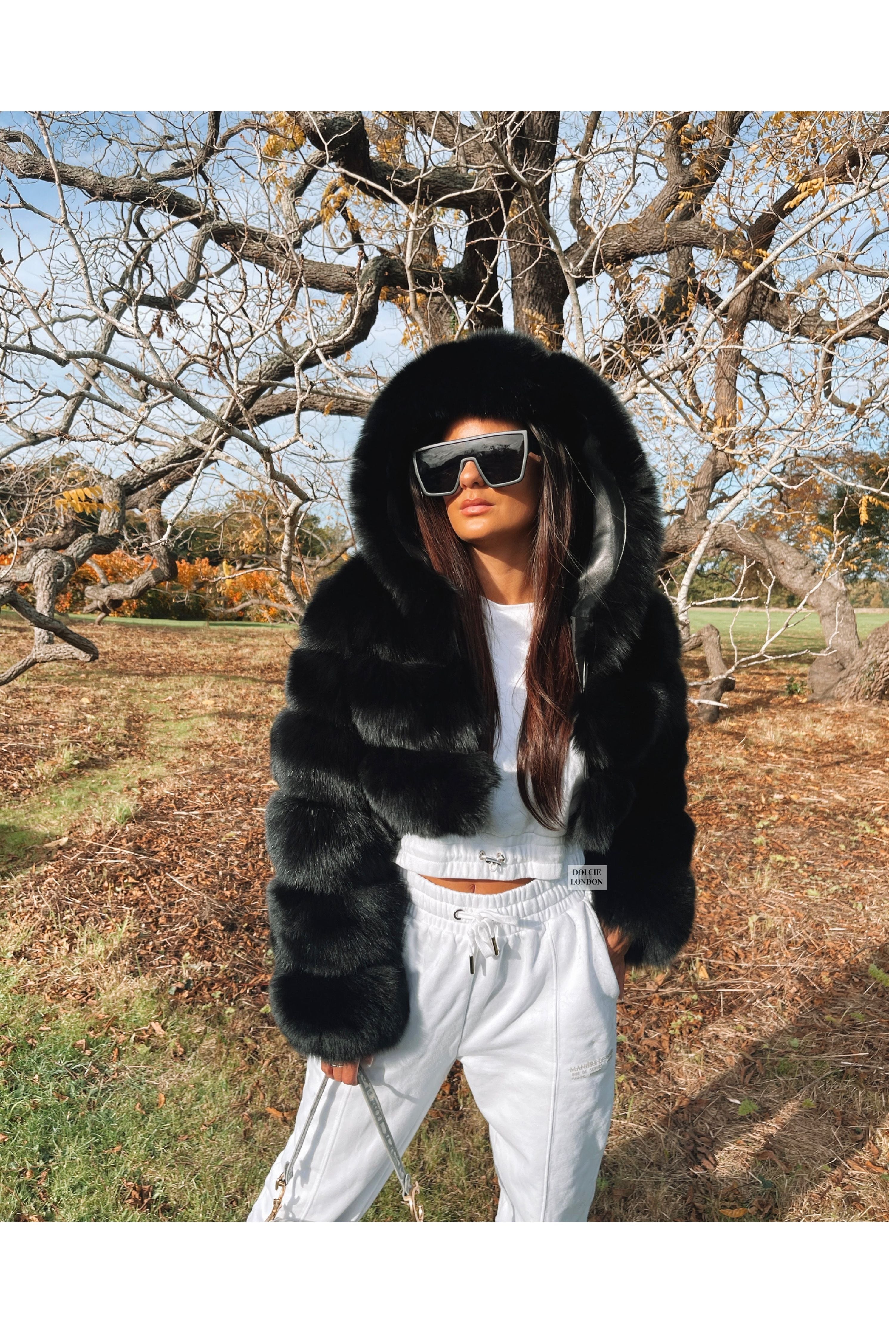 Hailey | Hooded Fur Coat Black