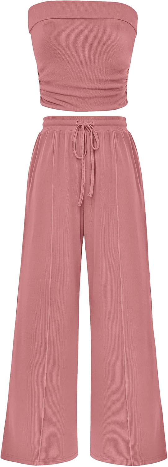 Chichi 2 Piece Sets Casual Ribbed Knit Crop Tube Top Wide Leg Pants Lounge Set Dusty Pink